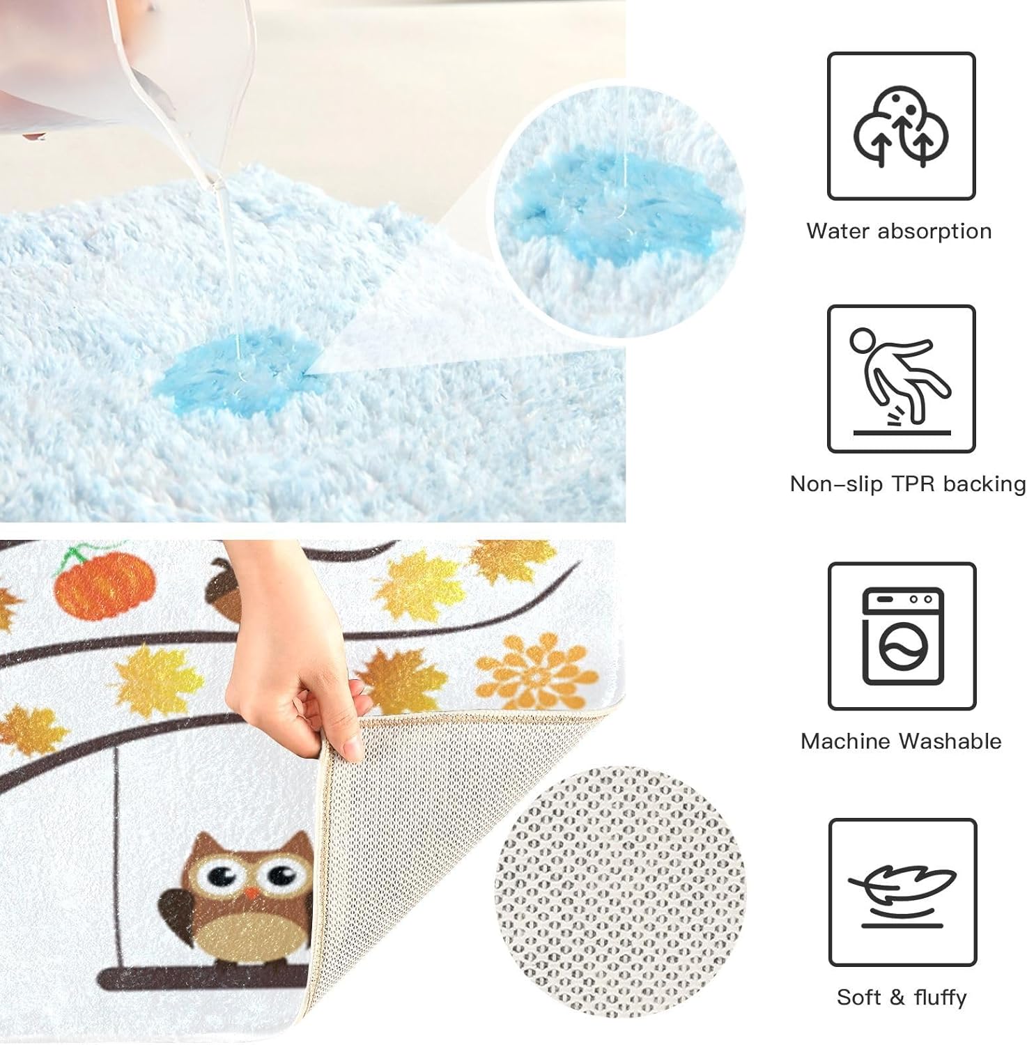Bathroom Rugs Sets 2 Piece 24×16+24×20 Inch,Soft U-Shaped Contour Toilet Rug Fall Owl Pumpkins Non-Slip Absorbent Bath Floor Mat Carpet Set Water