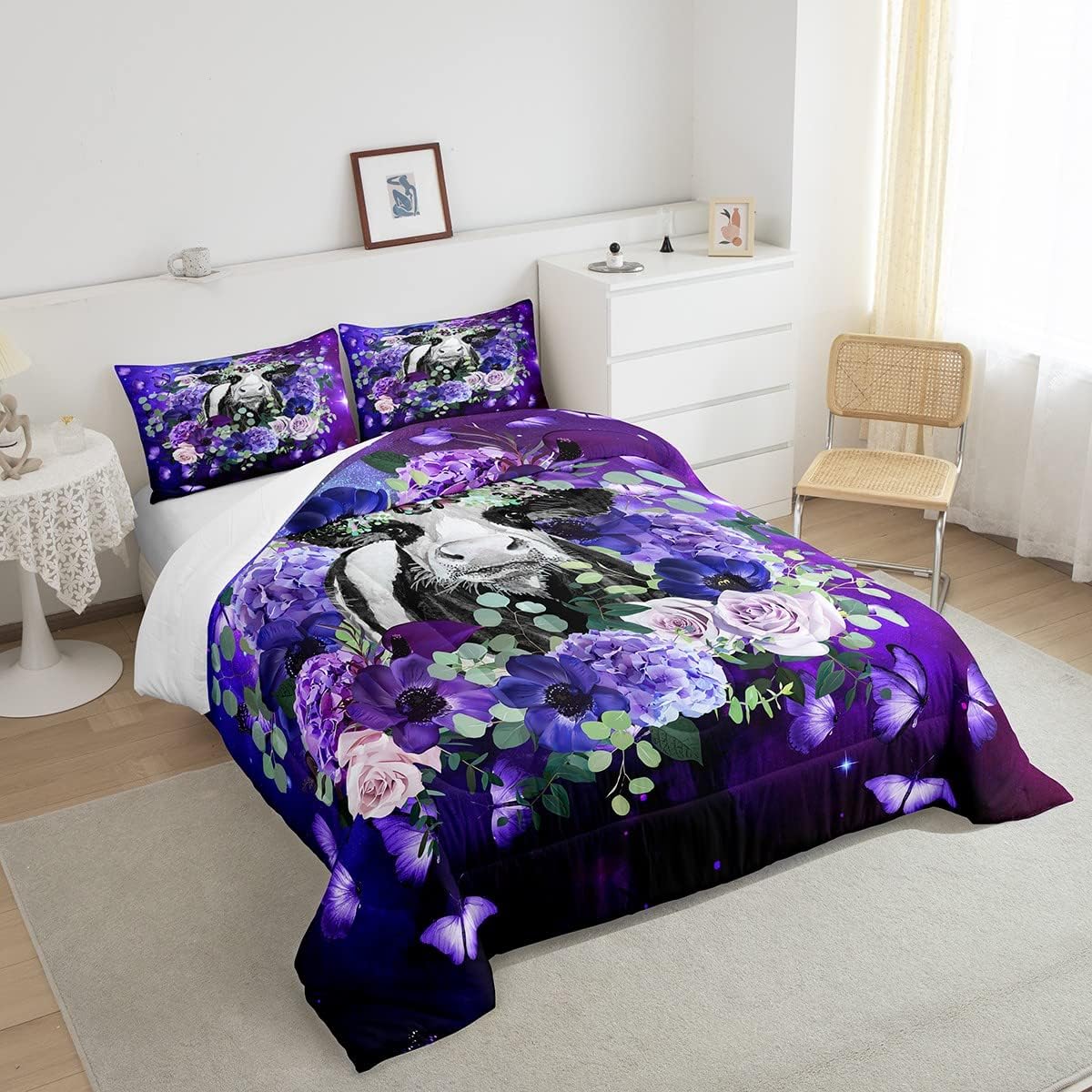Erosebridal Juego de edredón de vaca de las Highland para niños y niñas, juego de ropa de cama tamaño individual, diseño de mariposa y rosa morado,