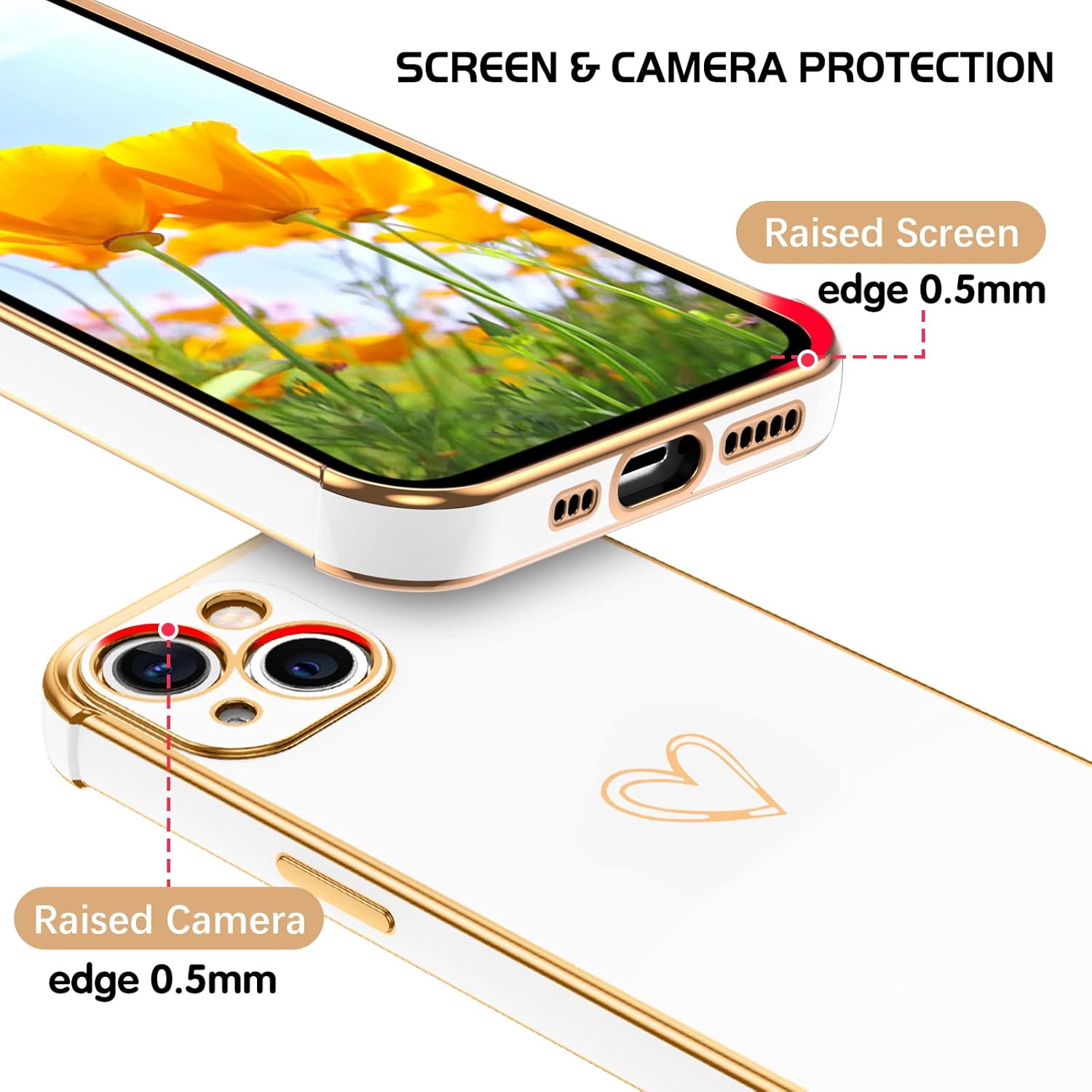DOMAVER Funda para iPhone 13, diseño de corazón dorado de lujo para mujeres y niñas, protector completo de cámara a prueba de golpes, cubierta