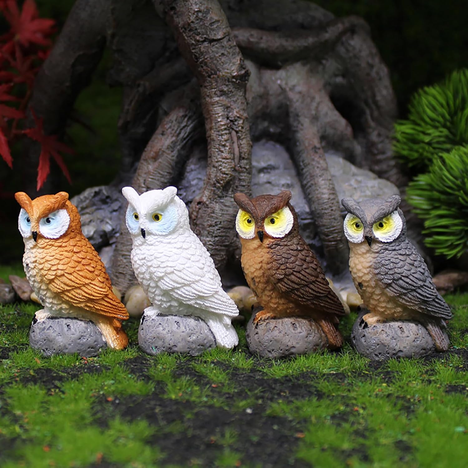 Mini estatua de búho, 4 piezas, espantapájaros, búho falso, escultura de señuelo de hadas, accesorios de jardín, suministros de micro paisaje,