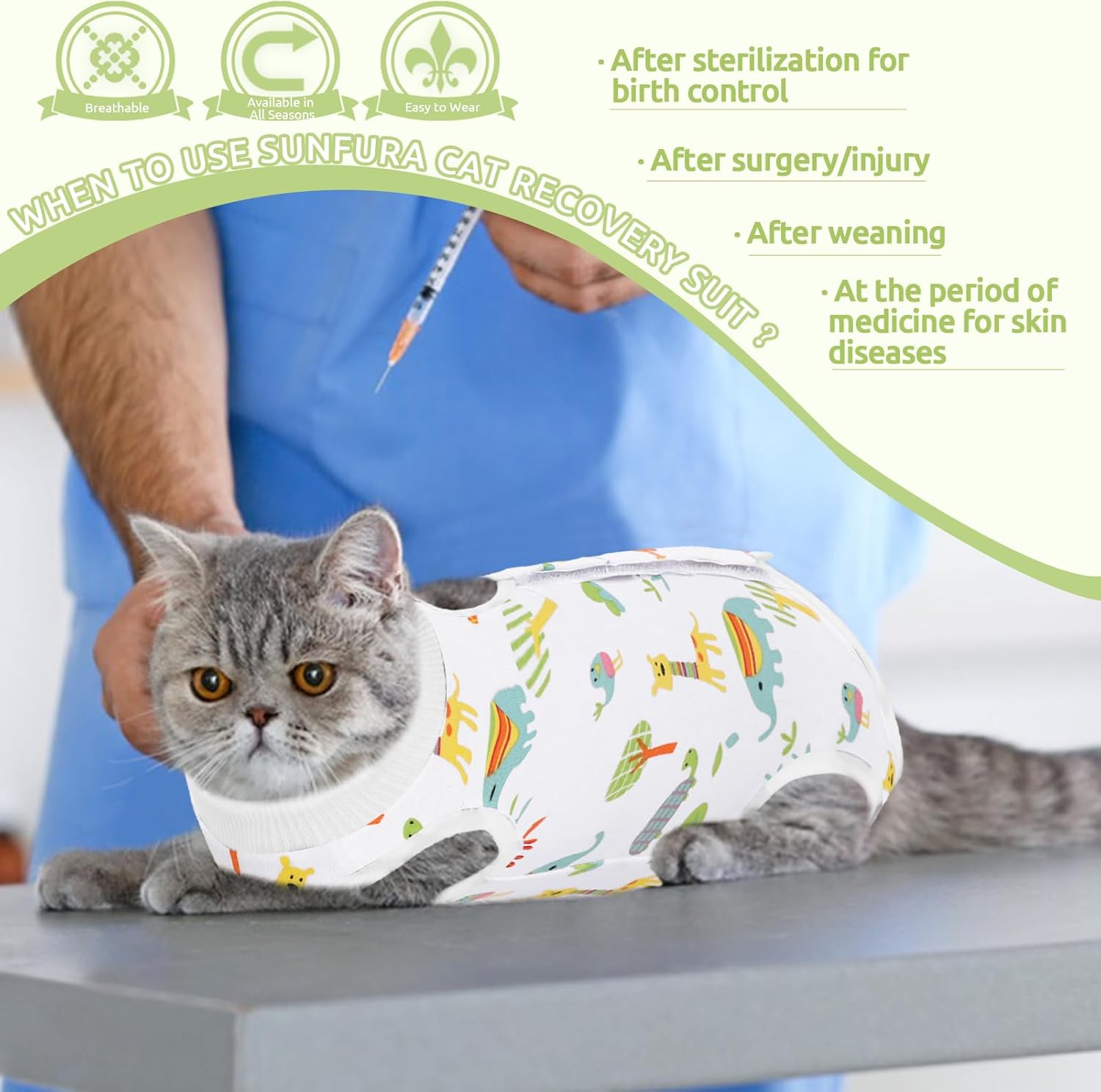 SUNFURA Traje de recuperación para gatos, body quirúrgico completo para protector de heridas abdominales, antilamidas después de la cirugía,