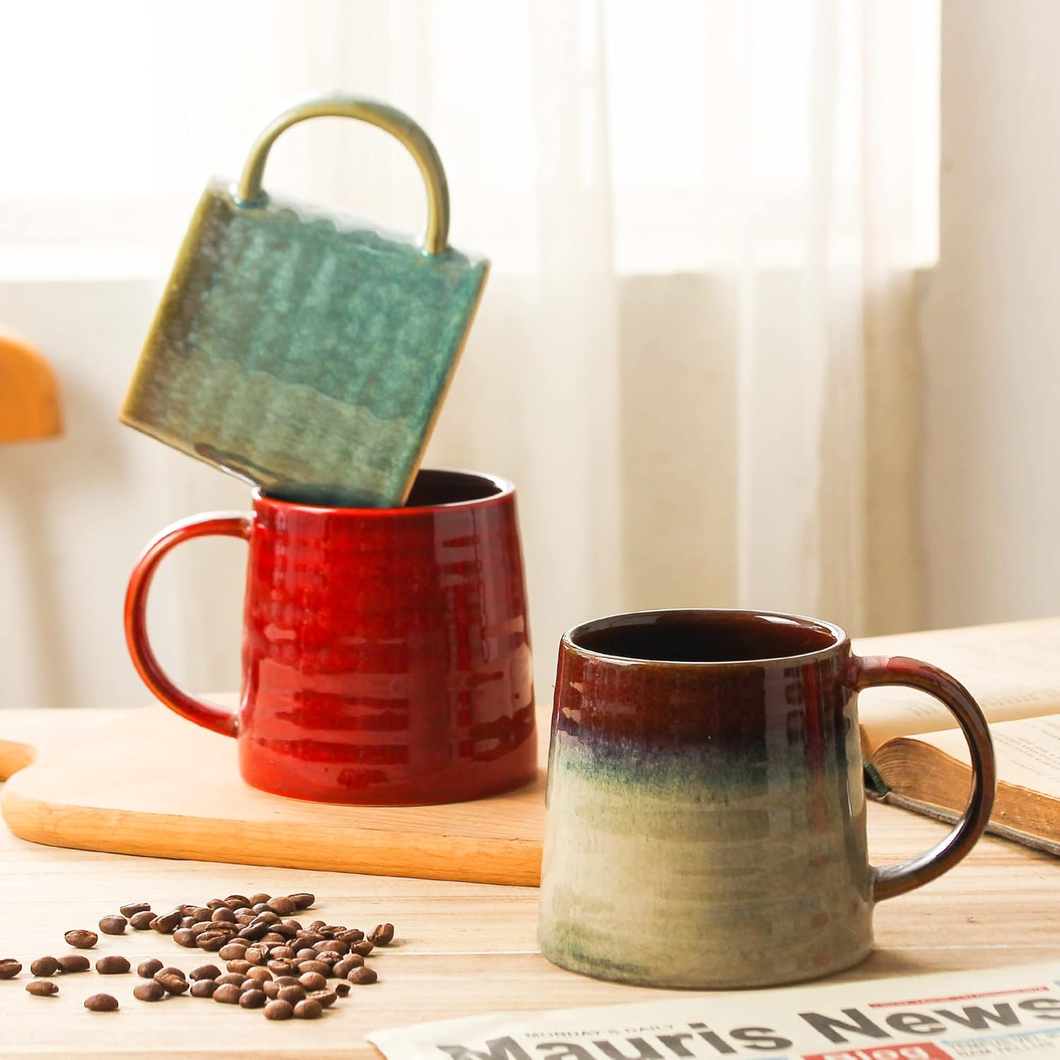masoline Taza de café grande de cerámica, tazas de cerámica hechas a mano, tazas de té con mango grande para oficina y hogar, 15.5 onzas, aptas para