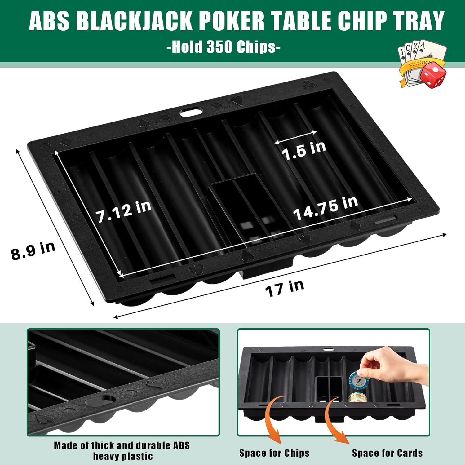 Honoson Bandeja de fichas de póquer de plástico, bandeja de fichas de distribuidor de póquer negro con 6 zapatos de blackjack y bandeja de desecho,