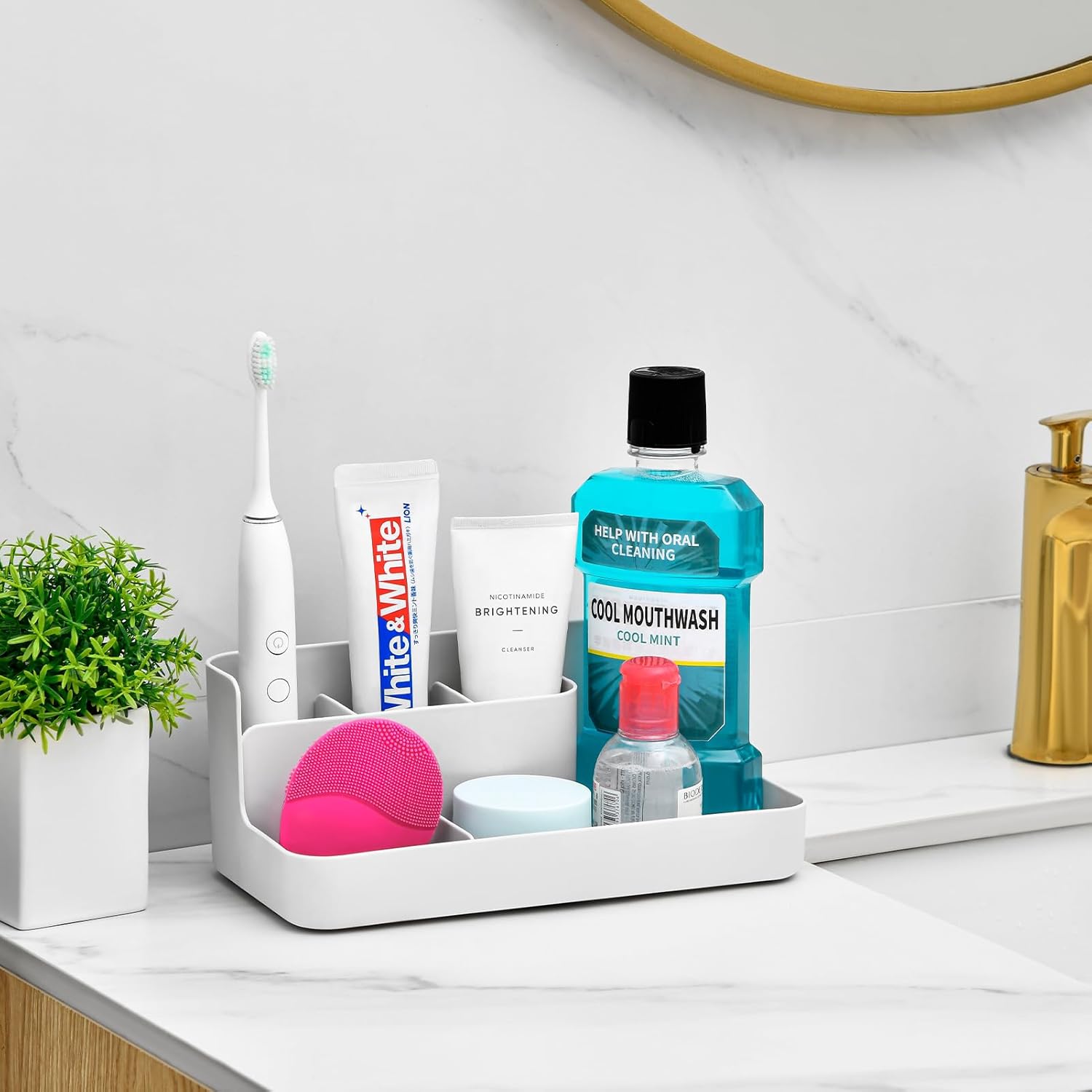 VITVITI Porta cepillos de dientes para baño, organizador de baño, encimera, organizador de encimera de baño con 5 compartimentos de almacenamiento