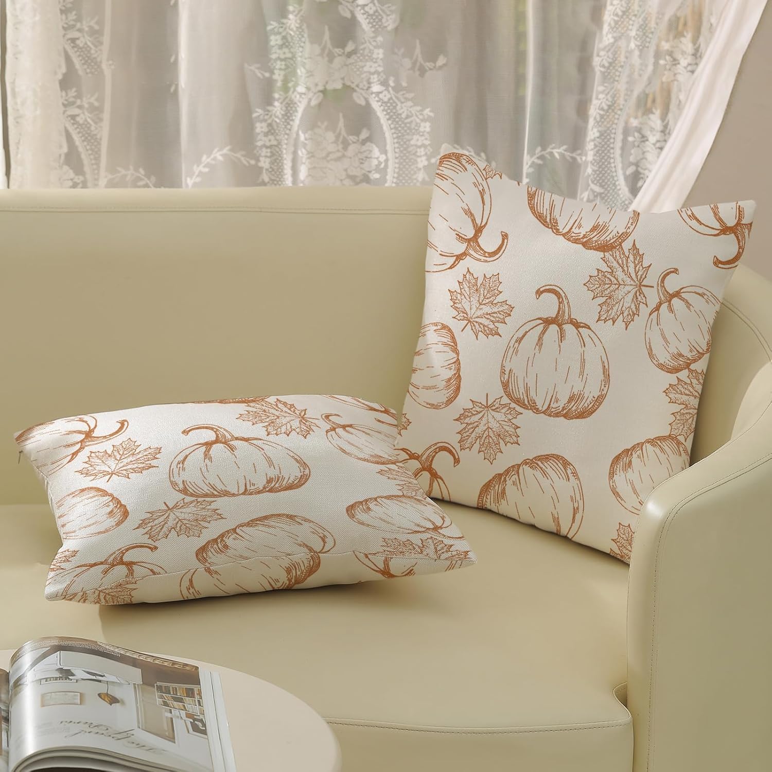 Fundas de almohada decorativas de otoño de 20 x 20 pulgadas, juego de 2 fundas de almohada de otoño naranja calabaza hojas de arce para exteriores,