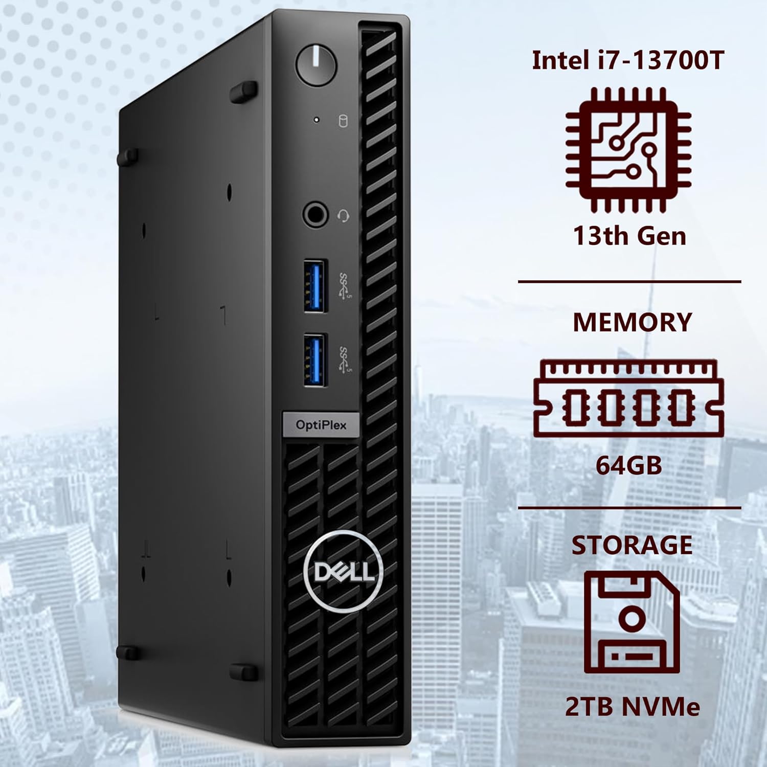 OEM Dell OptiPlex 7010 7000 MFF Intel i7-13700T 16 Core, 64GB RAM, 2TB NVMe, WiFi 6, Bluetooth, DisplayPort, KB y mouse con cable, 3 años, W11P,
