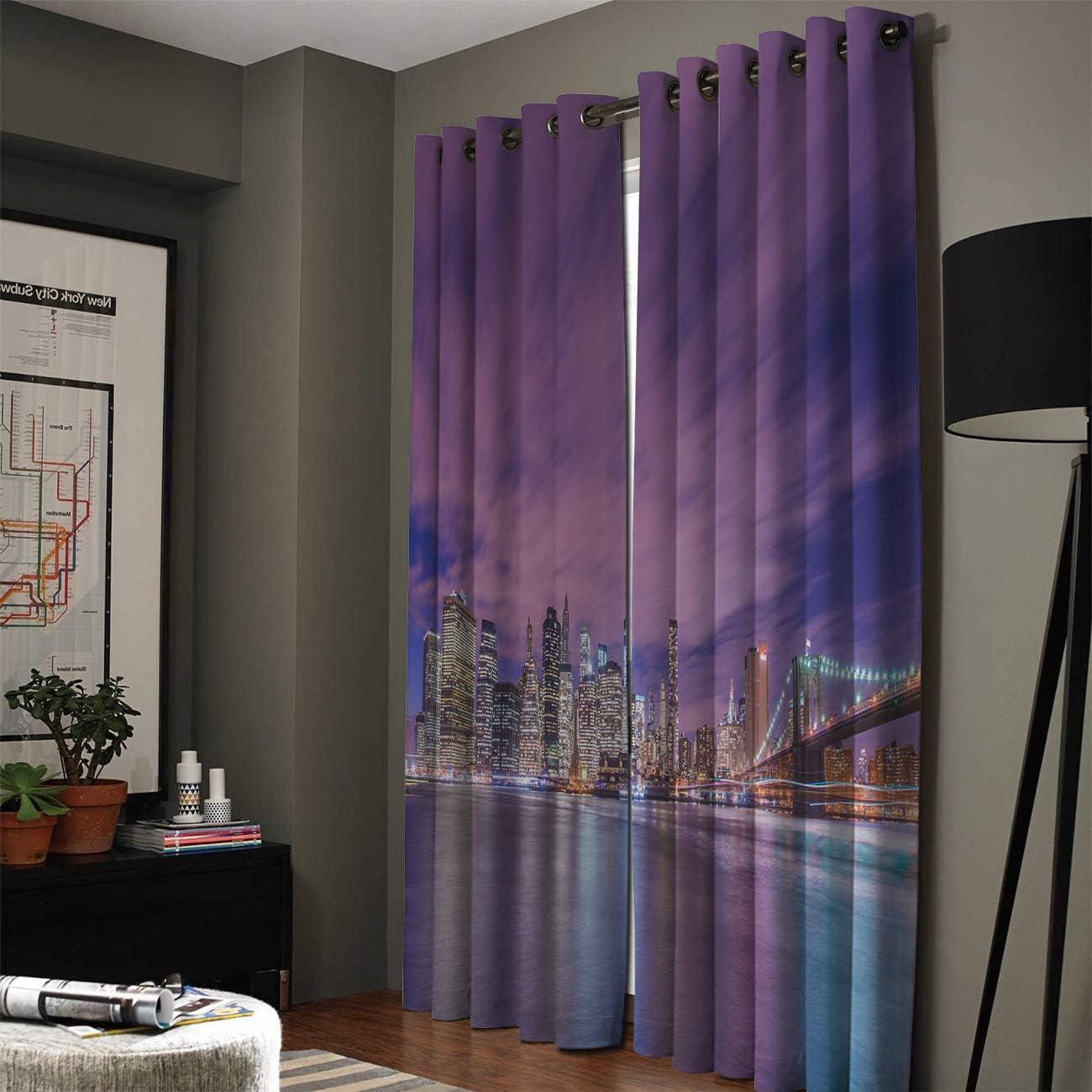 FortuneHouse Blackout Curtains Thermal Insulated American Cities at Night and Skyscrapers Solid Pattern Metal Grommet Elegant Room Drapes Window