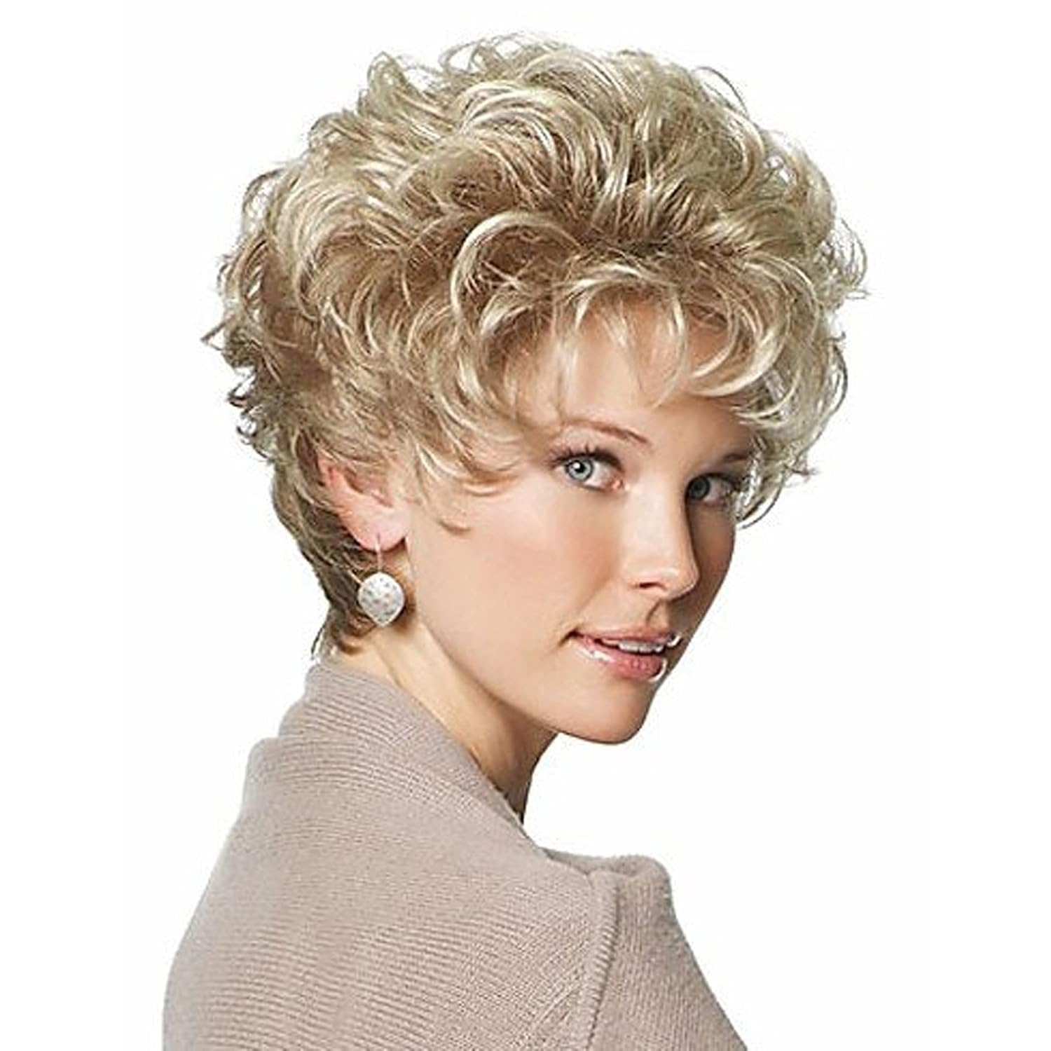 GNIMEGIL Peluca de cabello rubio corto, rizado, peluca natural de mamá con flequillo para mujer, resistente al calor, peluca sintética para cosplay,