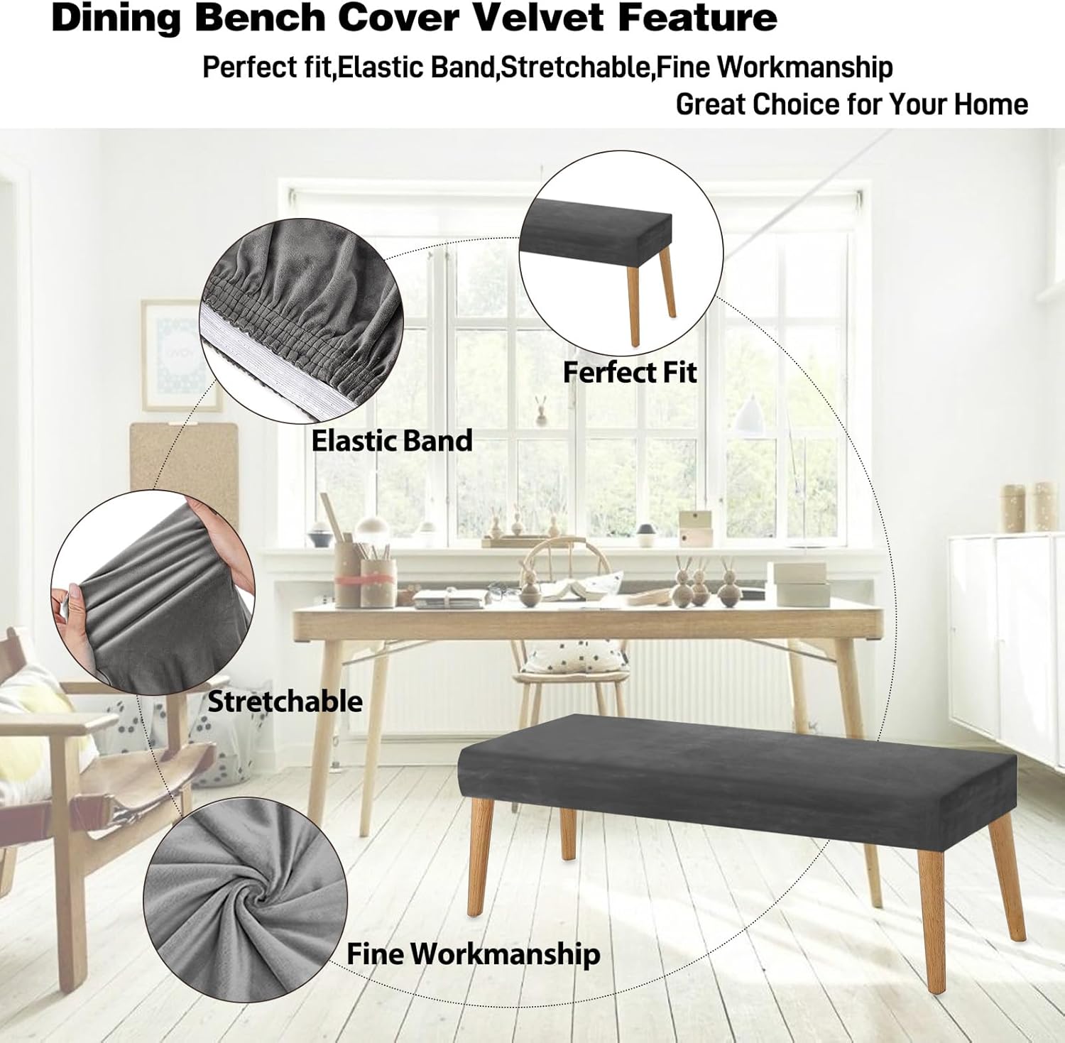 Funda protectora para banco de piano, de terciopelo elástico, grueso, rectangular, para sala de estar, dormitorio, cocina (tamaño mediano, gris)