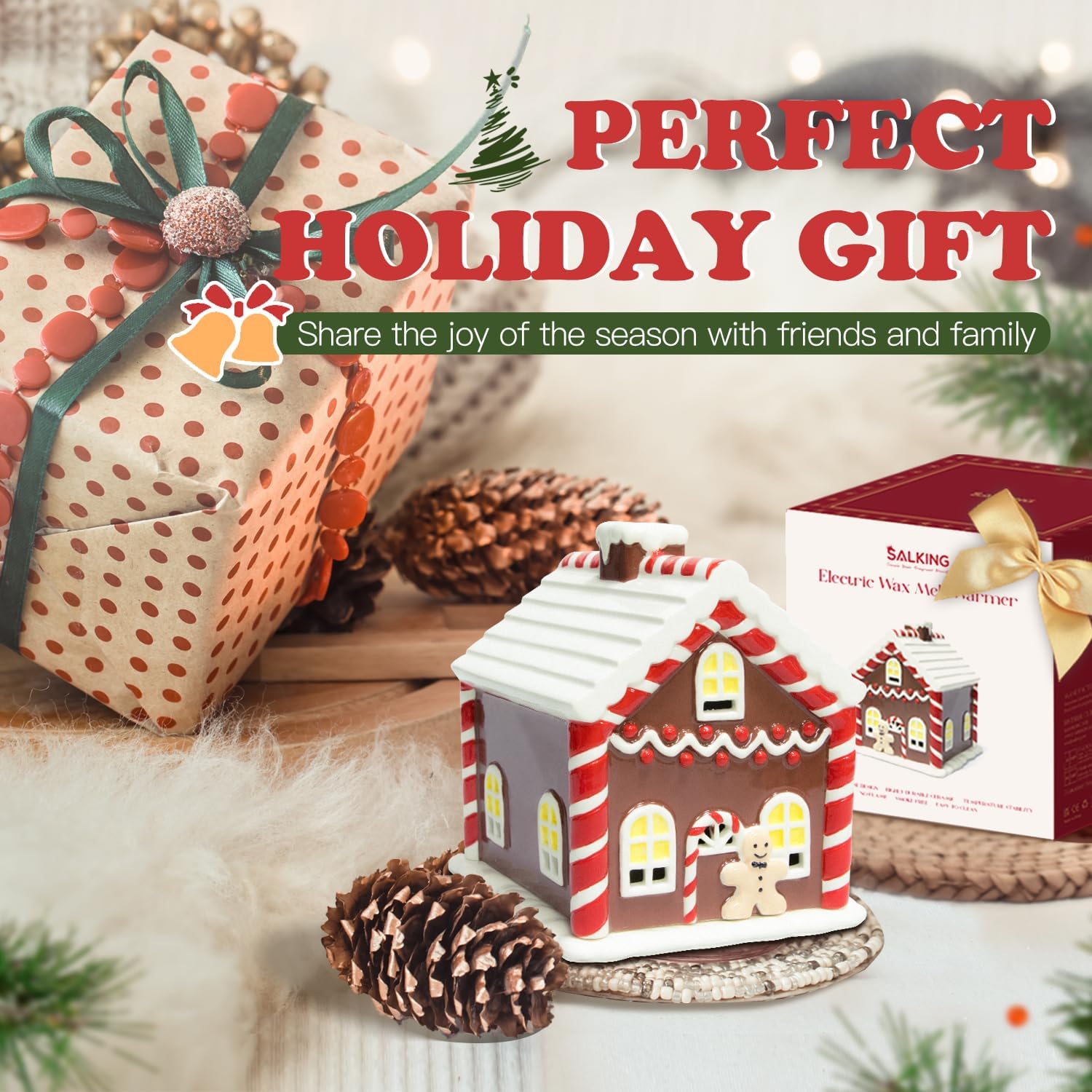 SALKING Calentador de cera de Navidad para derretimiento, casa de jengibre, calentador eléctrico de cera para cera perfumada, decoración navideña,