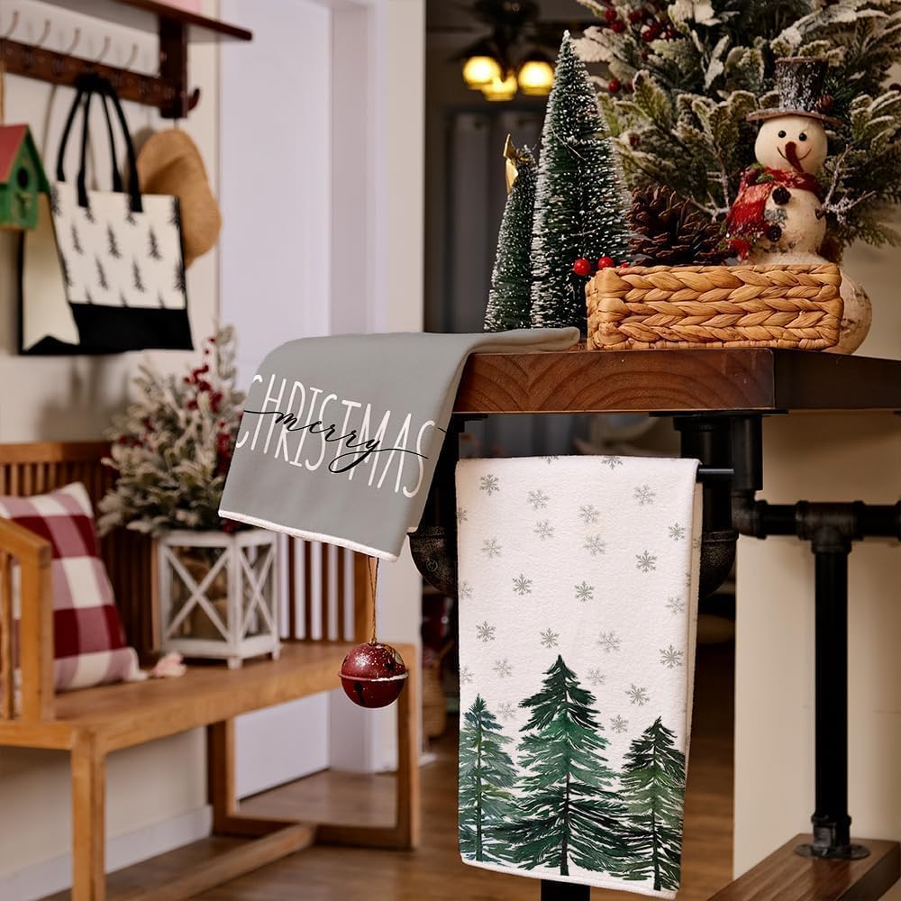 ARKENY AD016 – Juego de 2 paños de cocina para decoración de Navidad, color verde, árbol de Navidad, 18 x 26 pulgadas, diseño de copos de nieve,