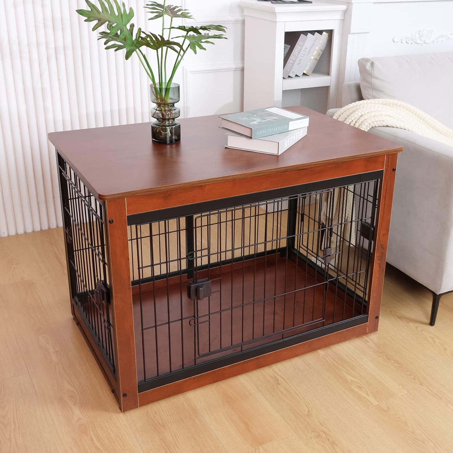 RYpetmia Muebles estilo jaula para perros para mascotas pequeñas y medianas, mesa de jaula de madera para perros, resistente y puertas de tres