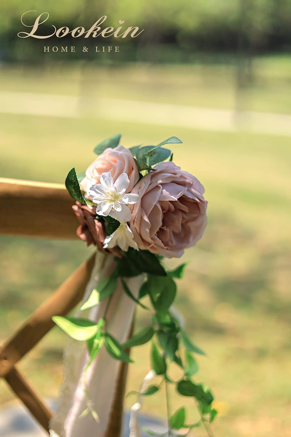 Lookein Juego de 8 flores de banco para ceremonia de boda, decoración de silla, decoración de banco, decoración de silla de pasillo de boda, rosa