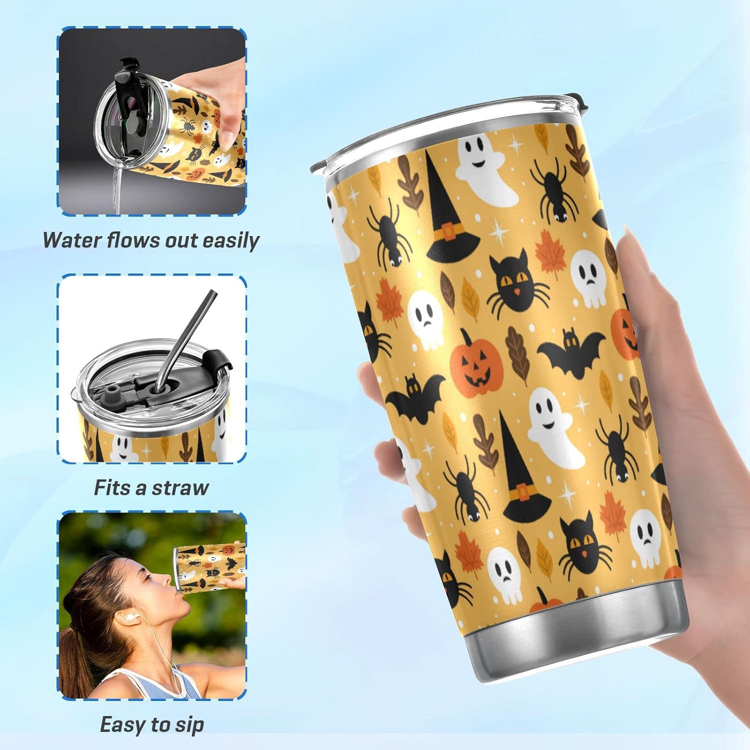 MCHIVER Vaso de calabaza de Halloween con tapa y pajita, taza de café aislada de acero inoxidable, taza de viaje para bebidas calientes y frías,
