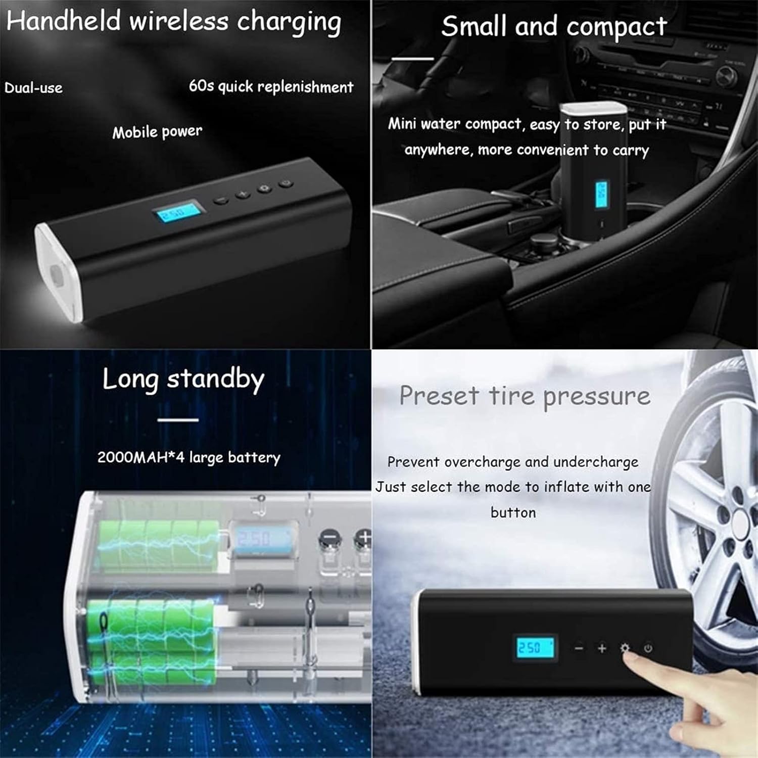 CAFFIA Tire Inflator Portable Air Compressor, Wireless Rechargeable Air Pump for Car Tires Bicycles with Pressure Gauge Auto Shut Off Cordless