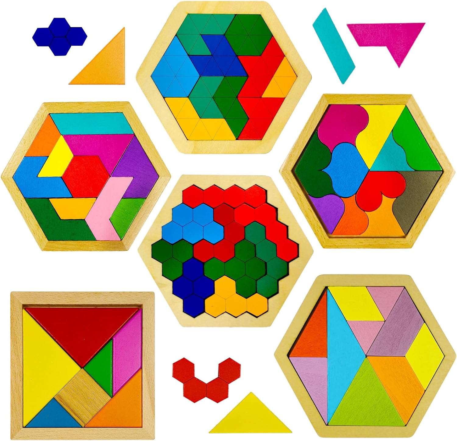YUQILIN 6 rompecabezas de madera Tangrams para niños, rompecabezas hexagonales de madera para niños pequeños, rompecabezas geométricos de cerebro,