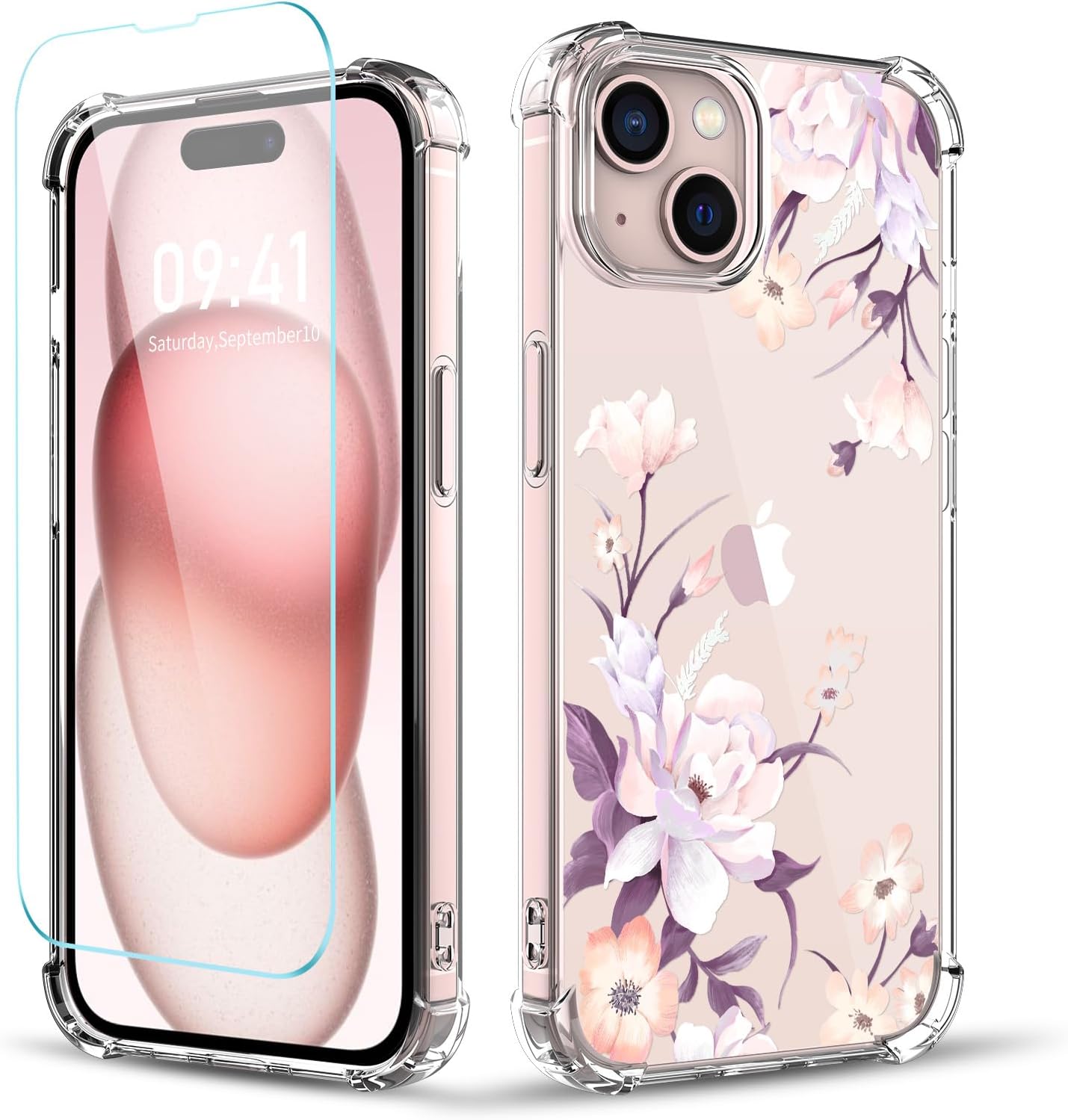 YOYORI Funda compatible con iPhone 15 con protector de pantalla, diseño de patrón de flores, funda transparente floral para mujer, a prueba de