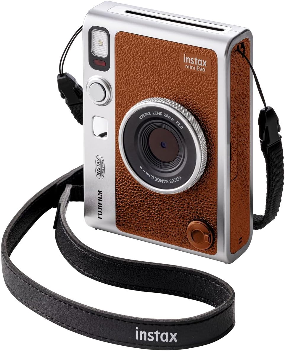 Fujifilm Cámara instantánea Instax Mini EVO Hybrid Brown  Fuji Instax Mini Twin Pack Instant Film  32 GB microSD  Funda para cámara – Paquete