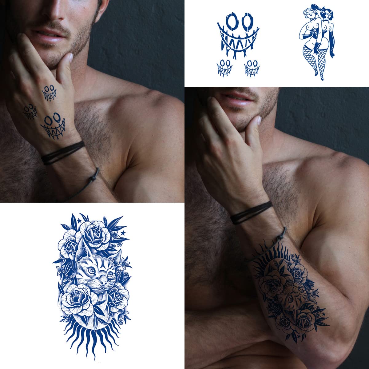 12 hojas de tatuajes temporales semipermanentes, 6 hojas de 2 semanas de duración, tatuajes impermeables de muñeca y 6 hojas pequeñas 100% de tinta