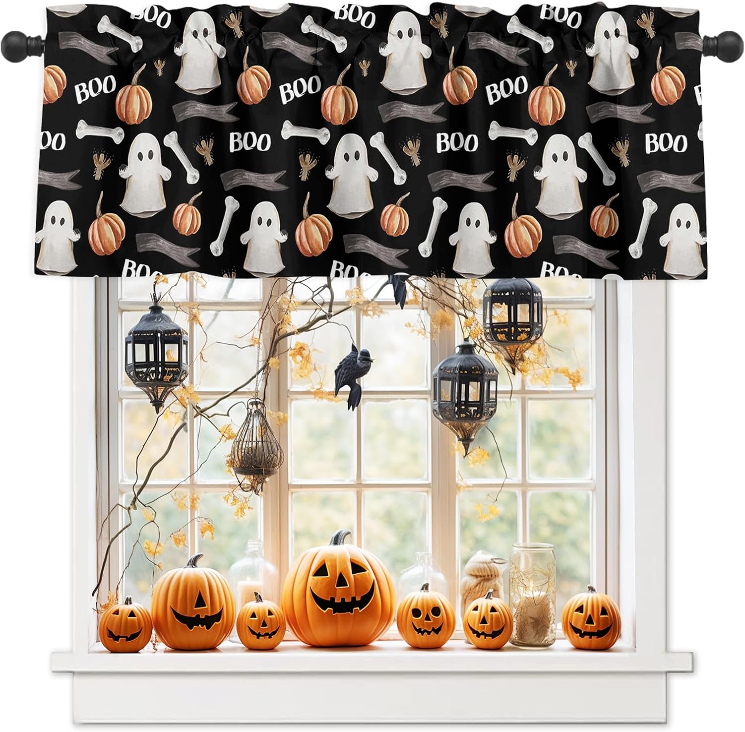 Cortinas de cocina para ventanas, cenefas de Halloween con rama de hueso fantasma, calabaza, color negro, cenefa de cortina con bolsillo para barra,
