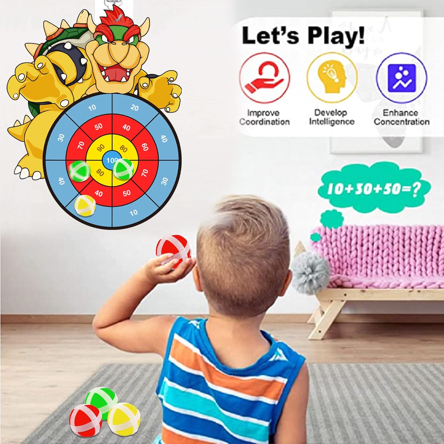 Mario Party Game Favors, tablero de dardos grande de Mario de 21 pulgadas para niños con 12 bolas adhesivas, juego de fiesta deportivo para