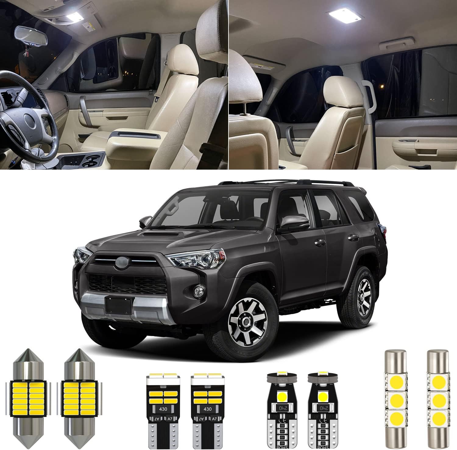 Paquete de 16 luces LED blancas para interiores de Toyota 4Runner 2010 2011 2012 2013 2014 2015 2016 2017 2018 2019 2020 2021 2022, con diagrama de
