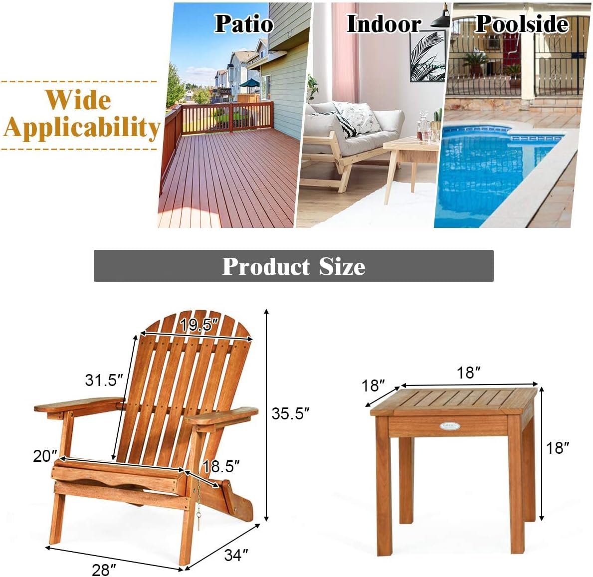 Giantex Adirondack – Juego de sillas plegables de madera de 3 piezas con reposabrazos ampliados, marco de eucalipto y mesa auxiliar para exteriores