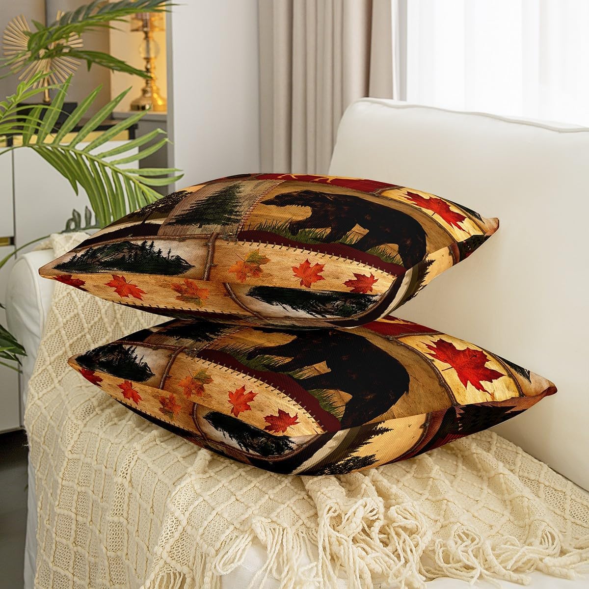 Juego de 2 fundas de almohada rústicas de 24 x 24 pulgadas, fundas de cojín retro de cabaña, fundas de almohada cuadradas decorativas de oso de