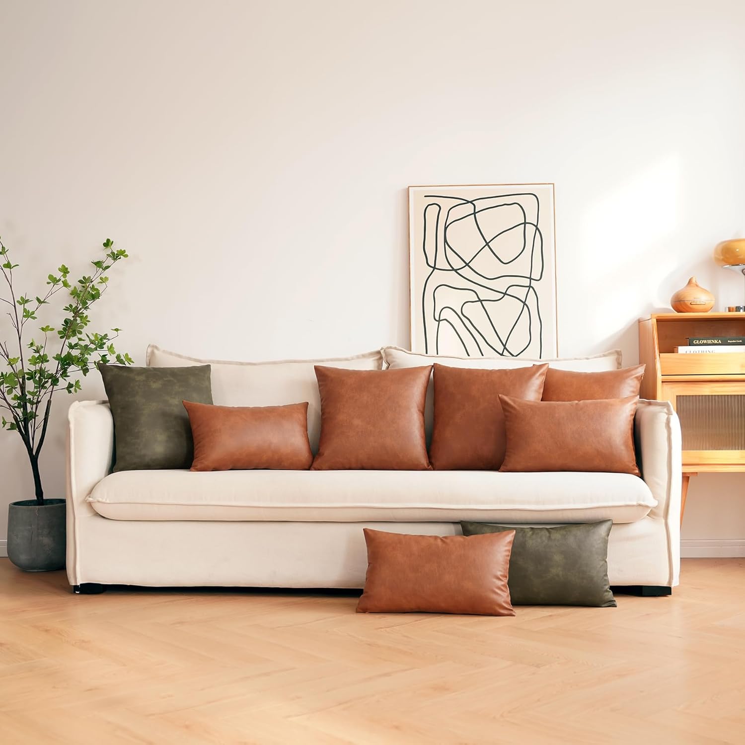 Juego de 2 fundas de almohada decorativas de piel sintética de color verde oliva, 24 x 24 pulgadas, fundas de almohada modernas de estilo bohemio