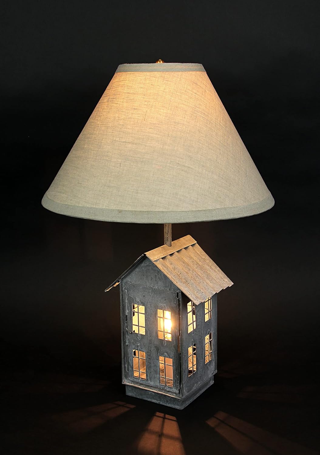 Juego de 2 lámparas de mesa rústicas de metal gris galvanizado en forma de casa con luces de acento, pantallas de tela beige de 15 pulgadas,