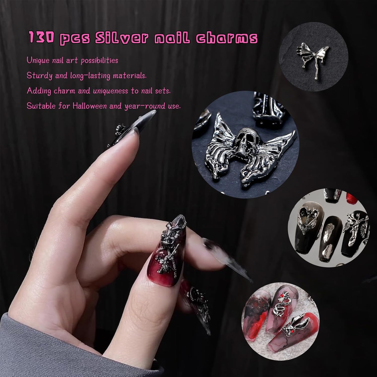 130 dijes de uñas de metal plateado 3D Y2K para uñas cromadas y accesorios de pulsera punk, aleación vintage, mariposa, cruz, corazón, cráneo,