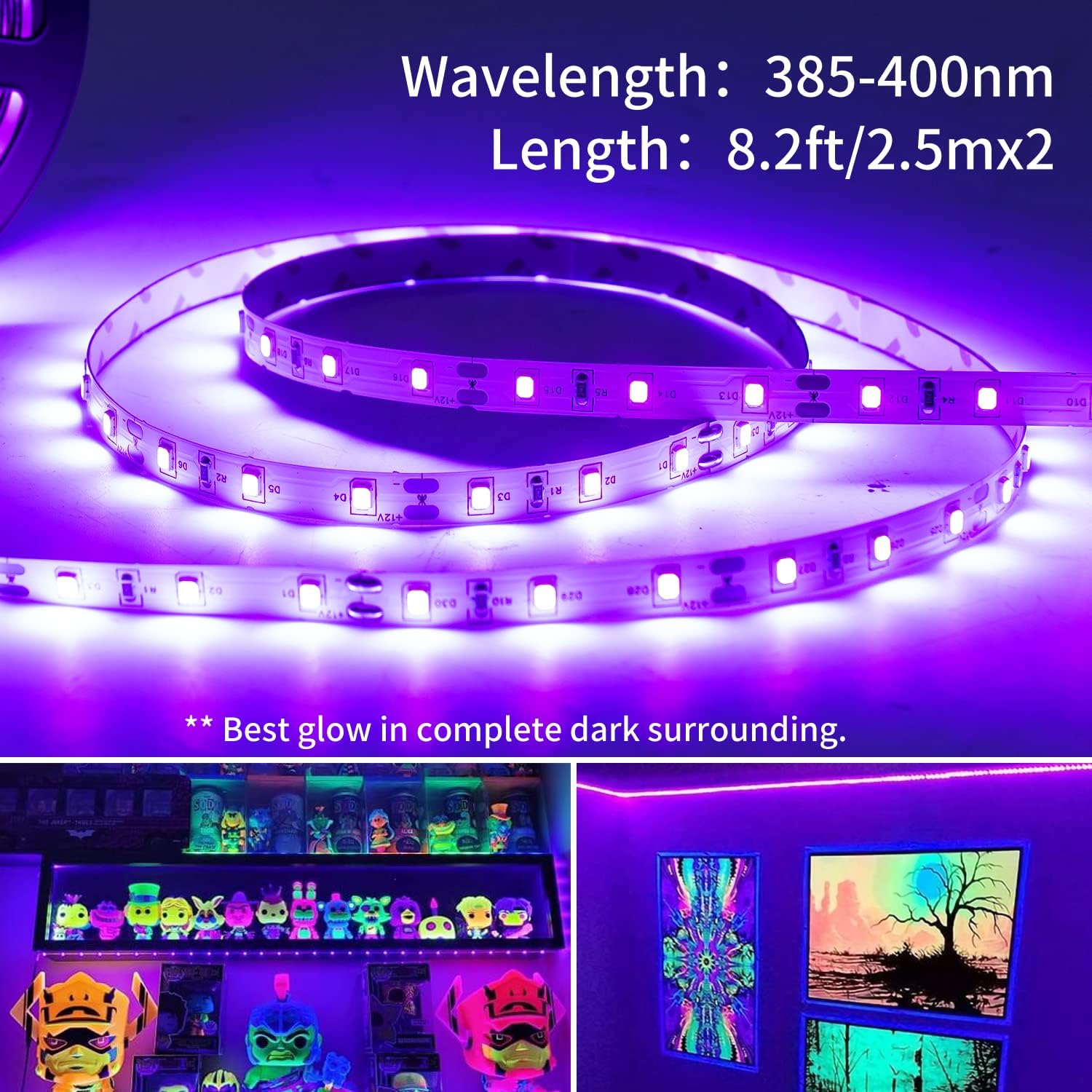 Tira de luz negra USB de 16.4 pies con caja de batería, tira de luz negra LED de 5 V, 300 LED para brillar en la oscuridad, 385-400 nm para fiesta