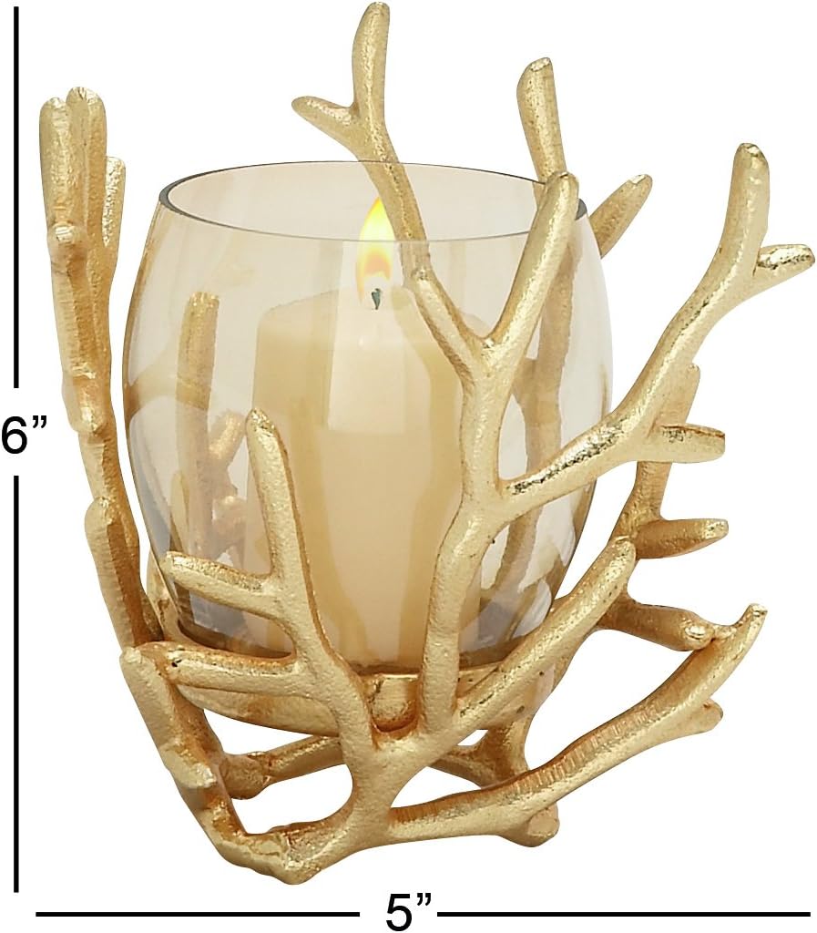 Deco 79 Lámpara de aluminio para huracán de pilar con diseño coral, 5 “x 5” x 6 “, oro