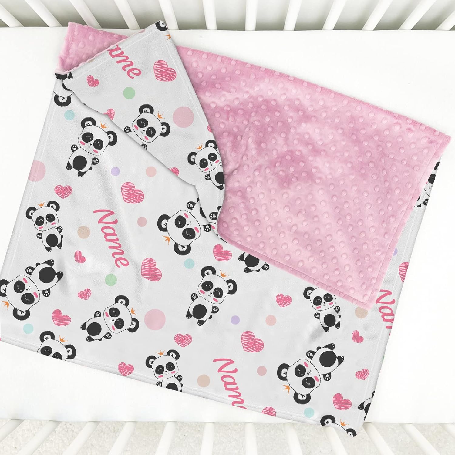 Manta de bebé personalizada con estampado de panda lindo con nombre, patrones de corazones de panda personalizados para bebés, regalos de cumpleaños