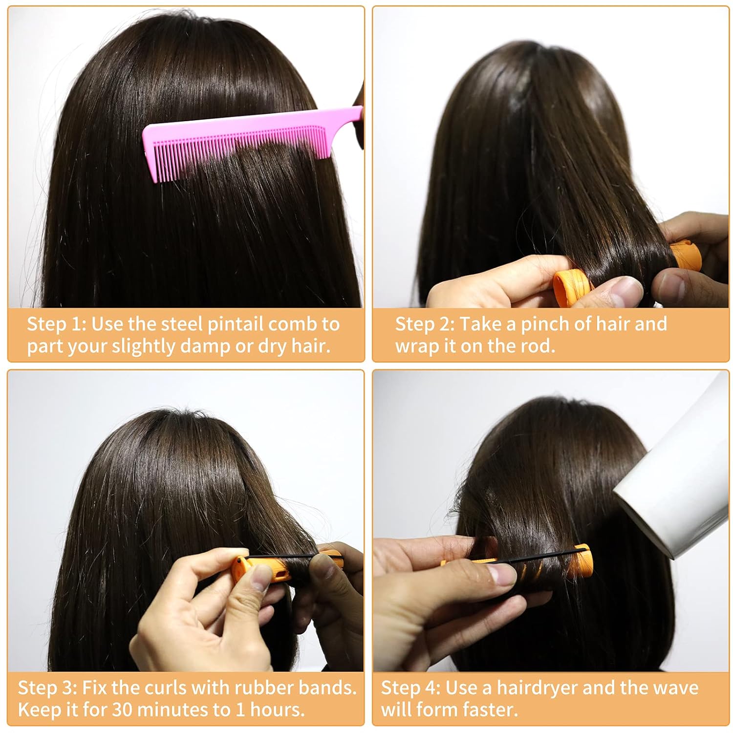 Juego de 100 varillas de permanente, 5 tamaños de varillas de plástico para cabello ondulado, sin calor, rizadores de cabello con peine de cola para