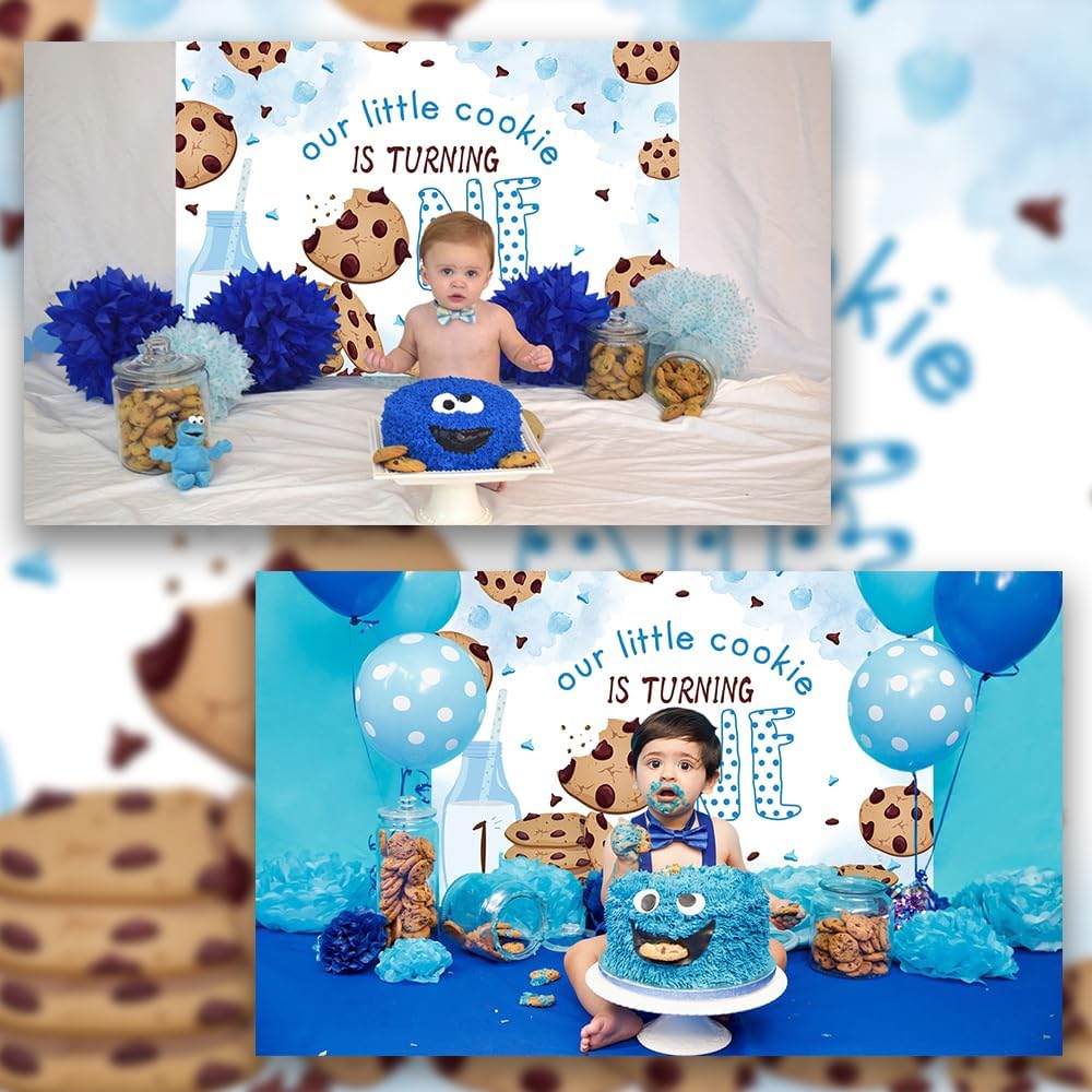 Our Little Cookie is Turning One, fondo de fiesta de primer cumpleaños, color azul y blanco, decoración de primer cumpleaños, 71 x 47 pulgadas