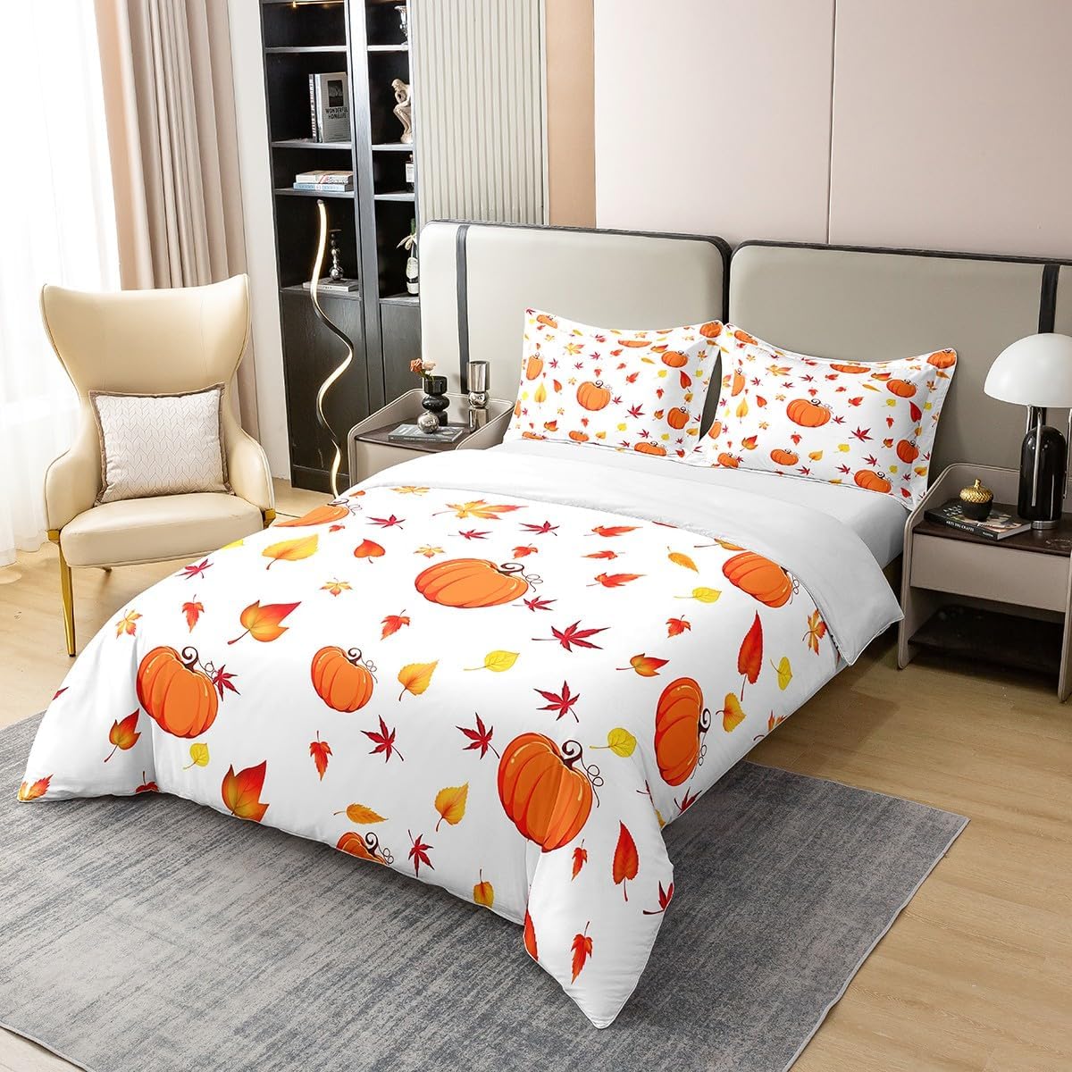 Erosebridal Juego de funda de edredón de calabaza de otoño 100% algodón orgánico, hojas de arce tamaño Queen, para niños y niñas, cosecha de otoño,
