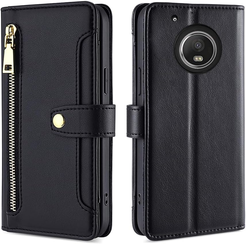 Asuwish Funda de teléfono para Moto G5 Plus Funda tipo cartera y protector de pantalla con cremallera para tarjetero, soporte de cuero para celda,