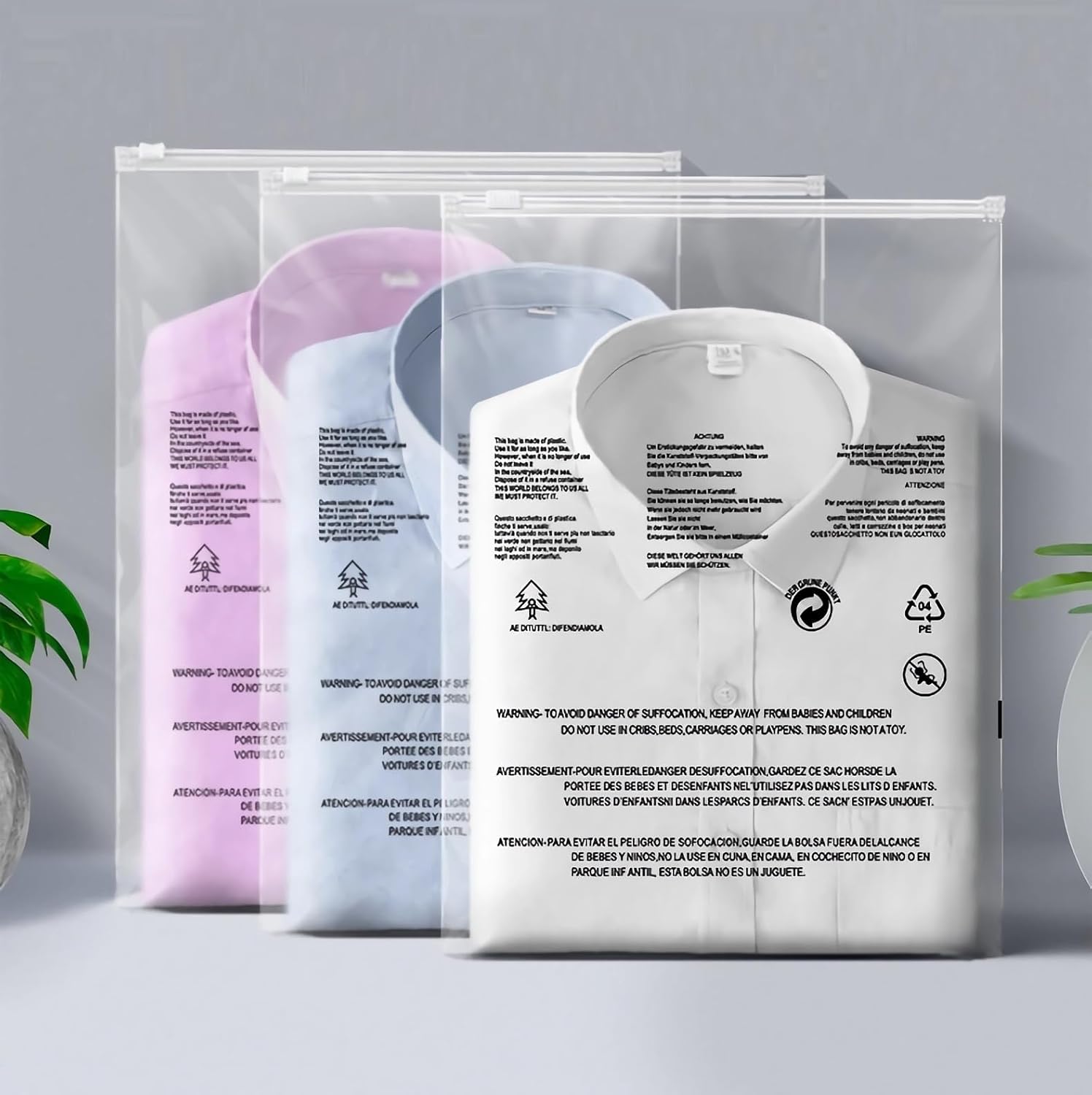 Bolsas de ropa de 12 x 16 pulgadas (5 mil), 50 bolsas transparentes con cremallera con advertencia de asfixia, bolsas de polietileno para empaquetar