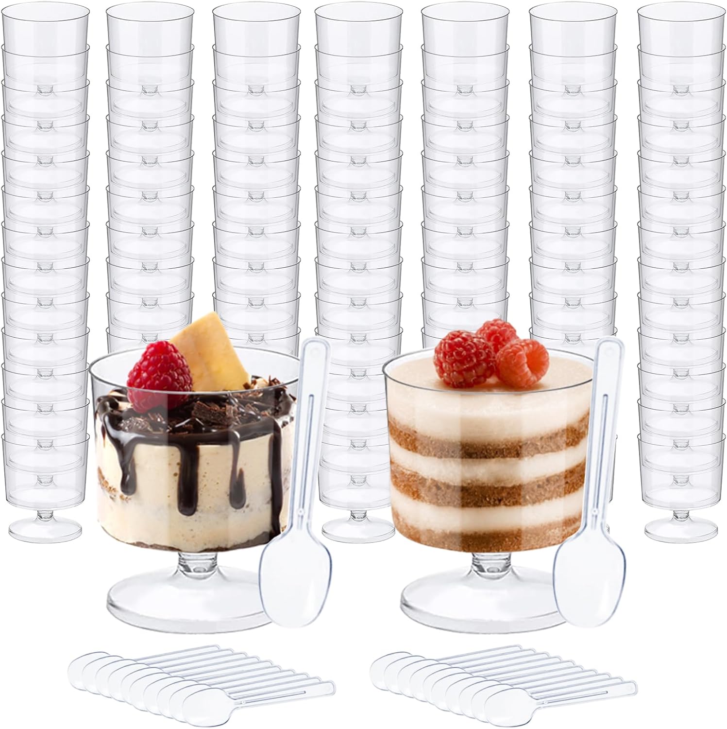 Paquete de 100 tazas de postre de plástico transparente con cucharas, tazas de mousse de 2 onzas, tazas de parfait transparentes, tazas de postre