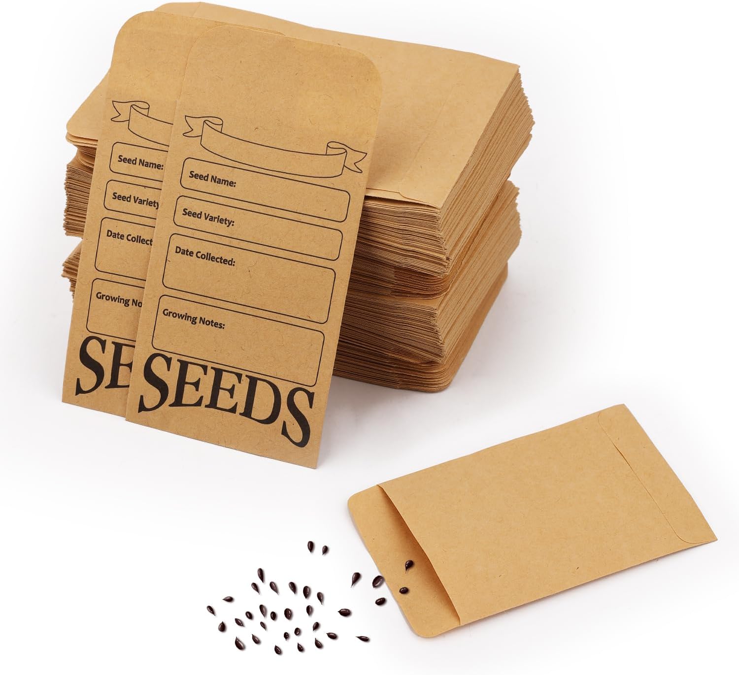 200 sobres de semillas, bolsa de papel reutilizable autosellante para almacenamiento de semillas impresa con tipos de plantillas de nombre pequeños