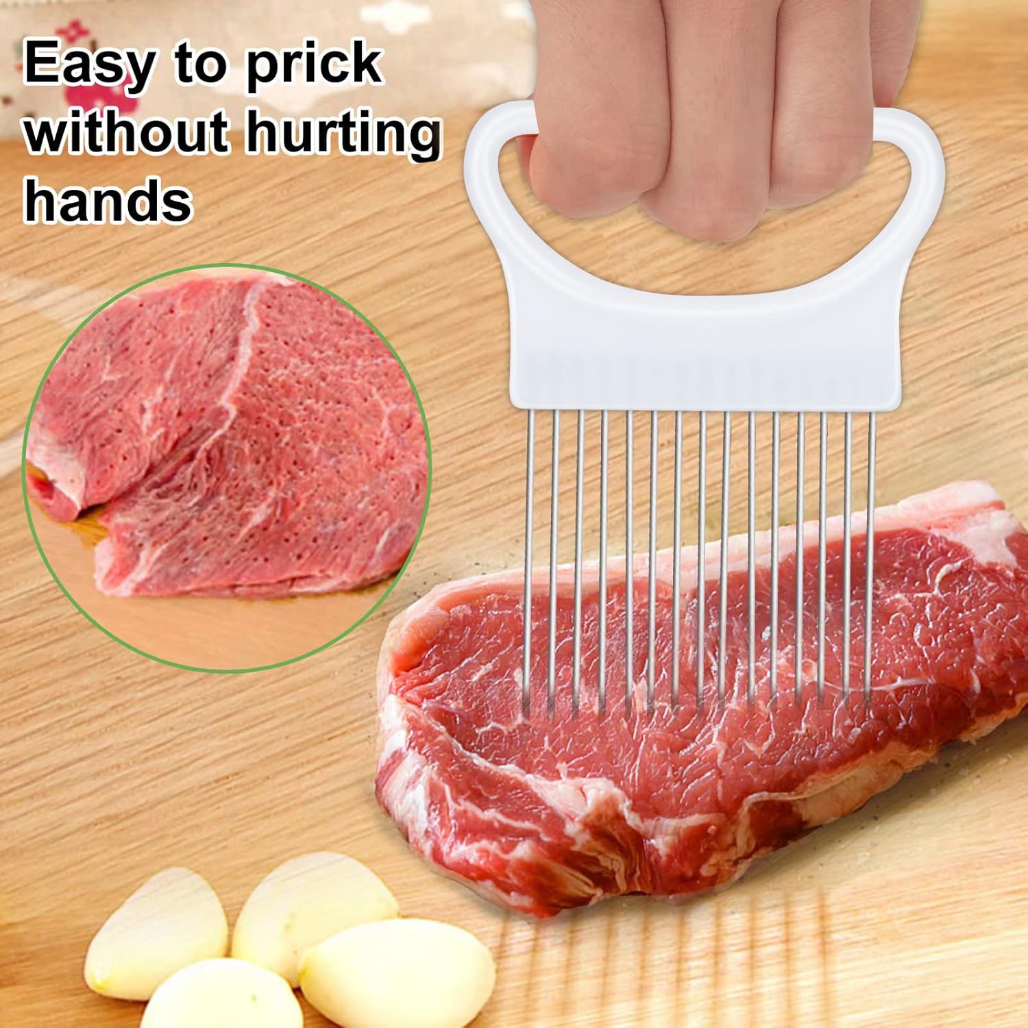 2Pcs Ruooson Onion Holder for Slicing, Stainless Steel Prongs Kitchen Slicer, Lemon Potato Cucumber Vegetable Cutter Comb,Meat Tenderizer,(white and