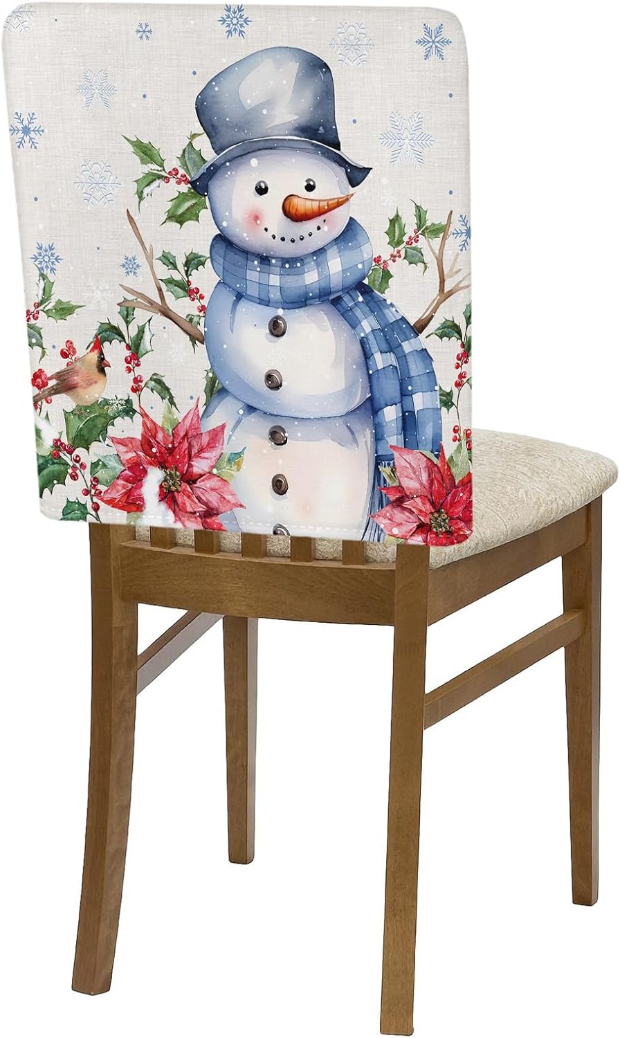 Paquete de 4 fundas de respaldo de silla de Navidad con muñeco de nieve azul para sillas de comedor, fundas extraíbles lavables para silla de
