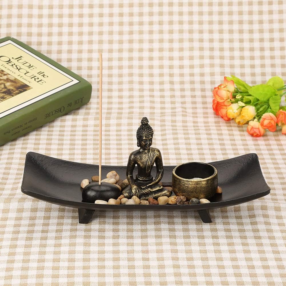 Juego de velas de Buda con Buda de resina, soporte de candelita de cristal, barra de incienso y soporte, piedras decorativas para decoración del