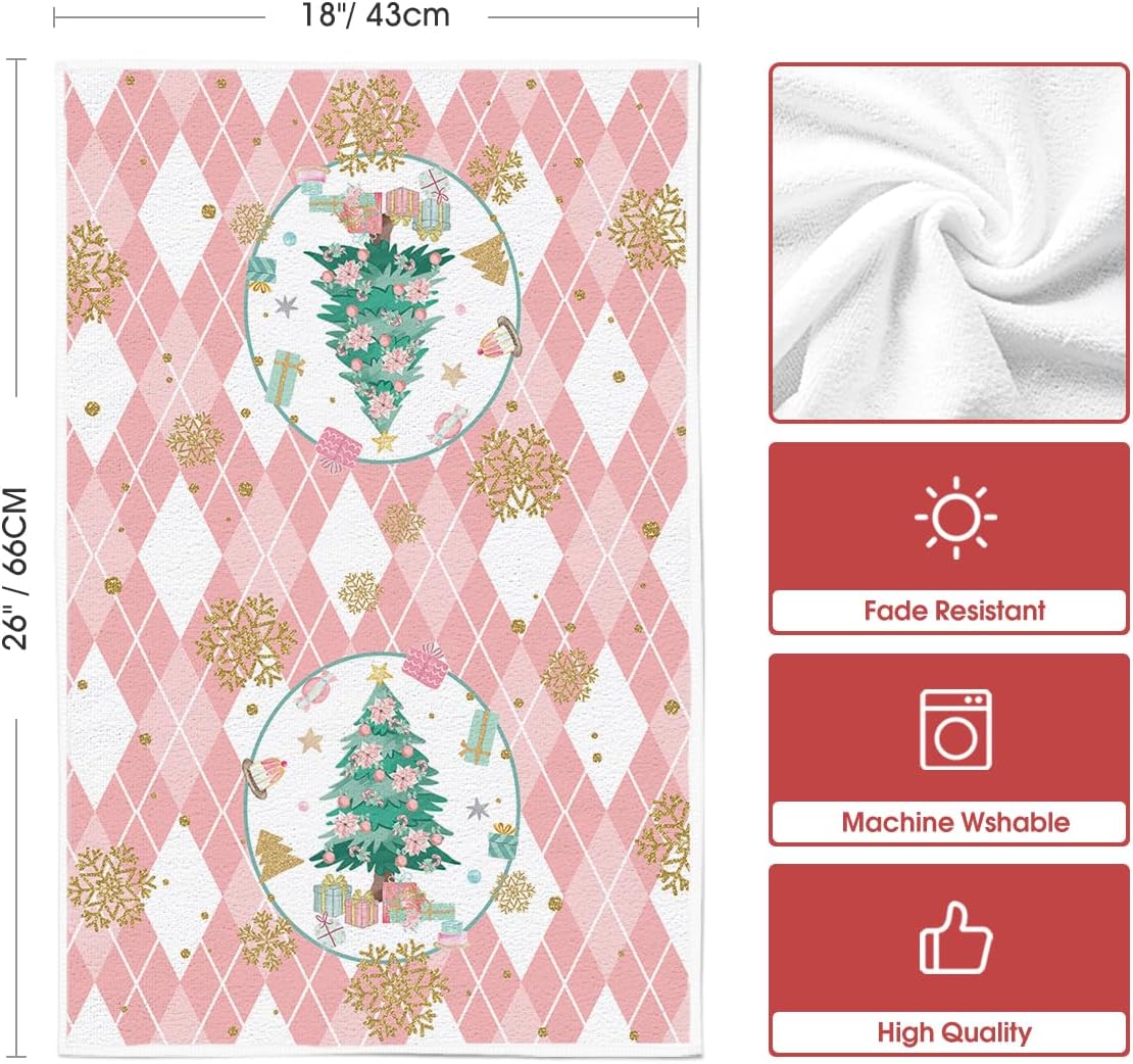 Artoid Mode Juego de 4 toallas de cocina de 18 x 26 pulgadas con diseño de árbol de cascanueces rosados con diseño de árbol de Holly Jolly Merry