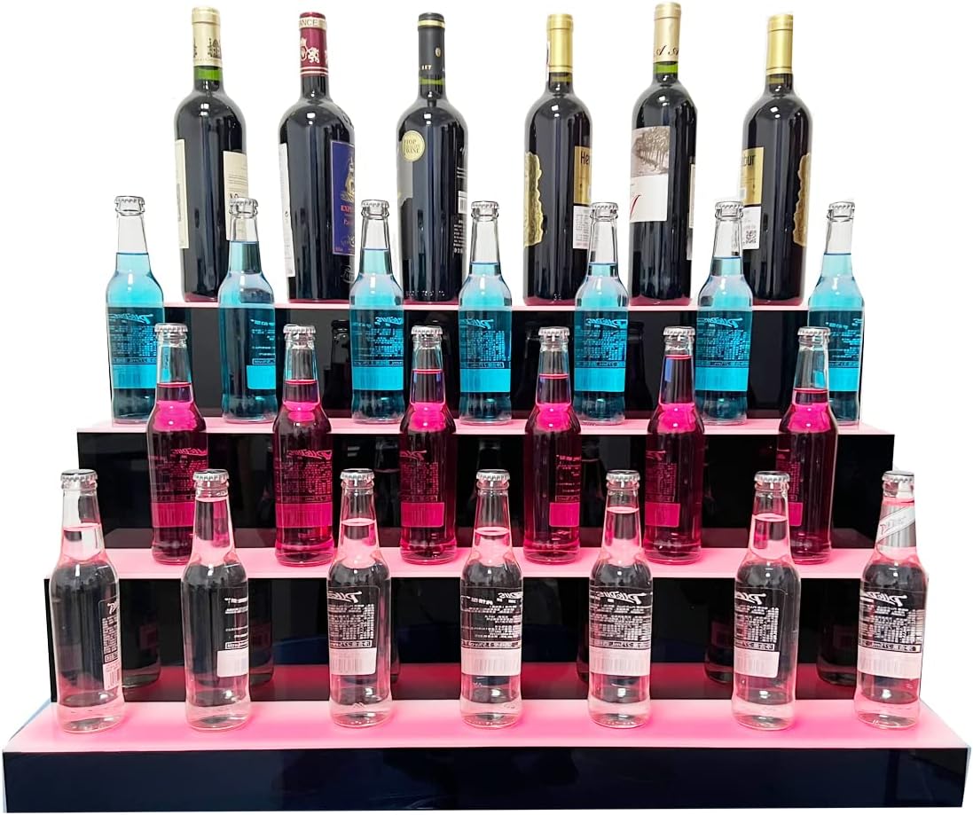 Estante de botella de licor iluminado con luz LED de 31 pulgadas y 4 escalones, estante de botella iluminado para el hogar, estante de bar comercial