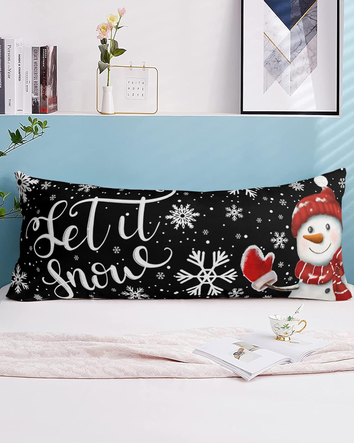 Funda de almohada corporal de muñeco de nieve, fundas de almohada suaves y decorativas de lujo para sofá largo lumbar con cierre de sobre, Feliz