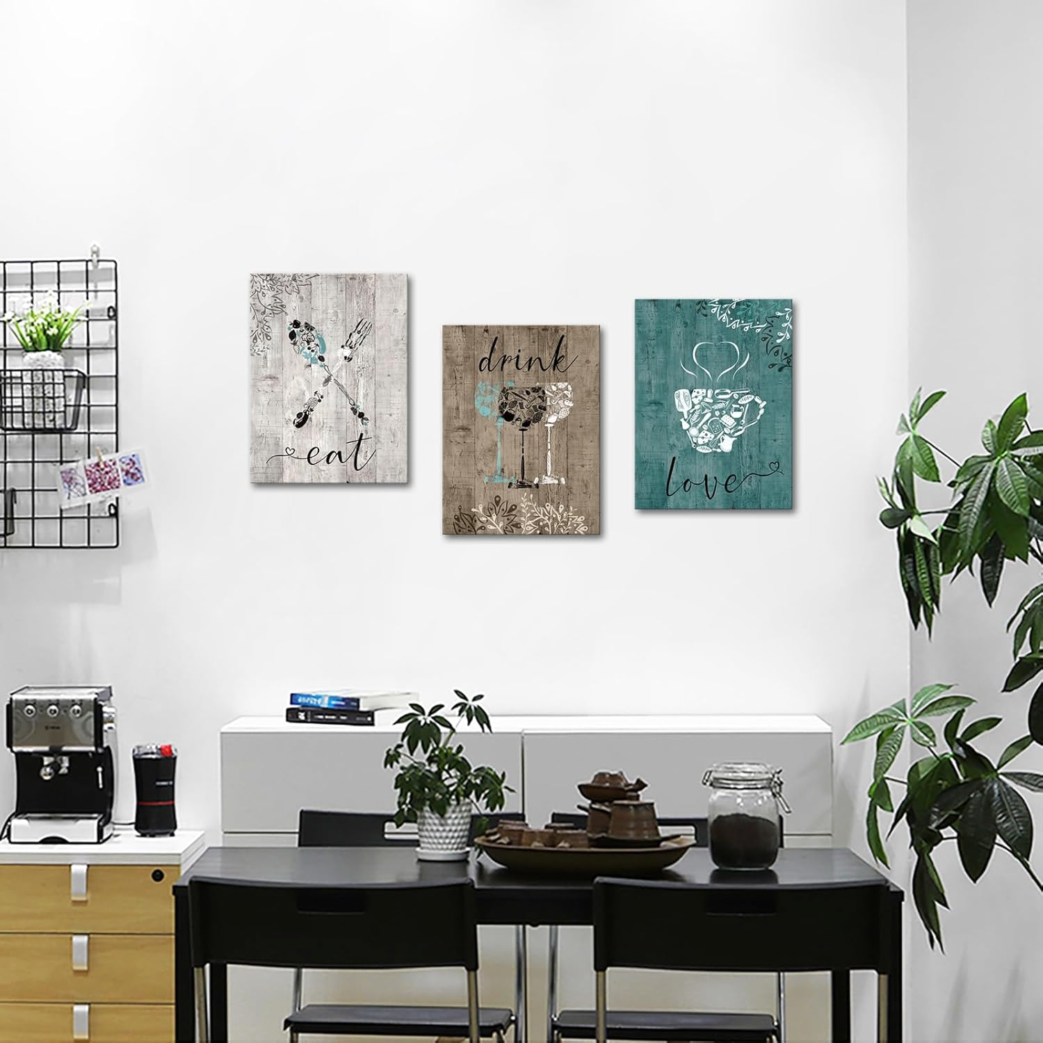 iKNOW FOTO Decoración vintage de cocina de 3 piezas, juego de arte de pared en lienzo con texto en inglés “Love Eat Drink”, accesorios de pared para