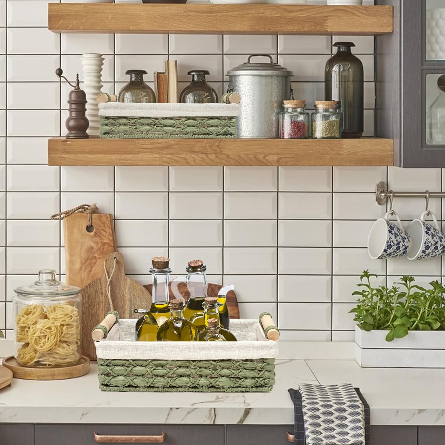 Cesta de almacenamiento de mimbre para organizar con asa, cubos de almacenamiento decorativos para encimera, cesta de almacenamiento de papel