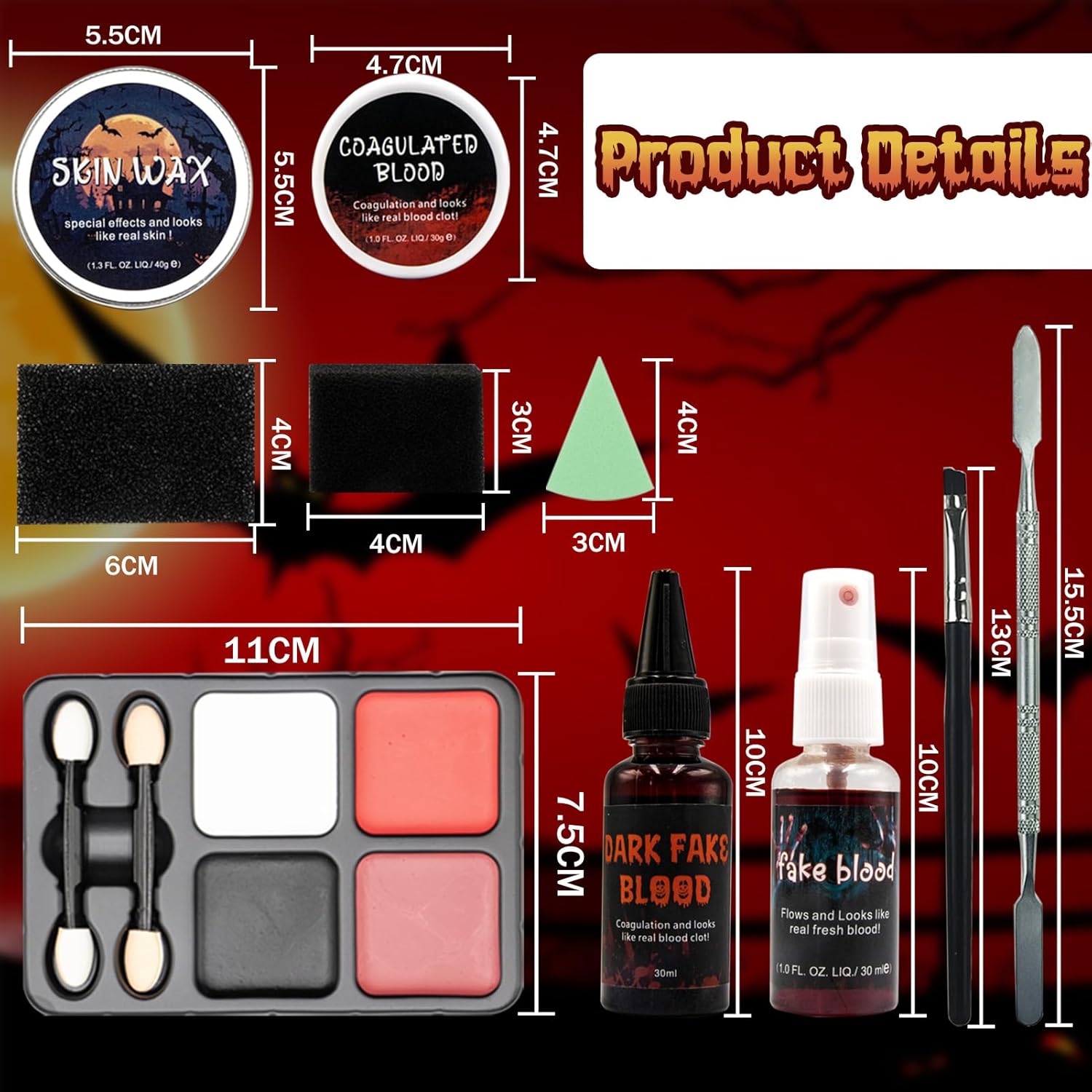 SFX – Kit de maquillaje para Halloween, suministros de maquillaje de efectos especiales  11 piezas con cera de cicatrices, sangre coagulada,